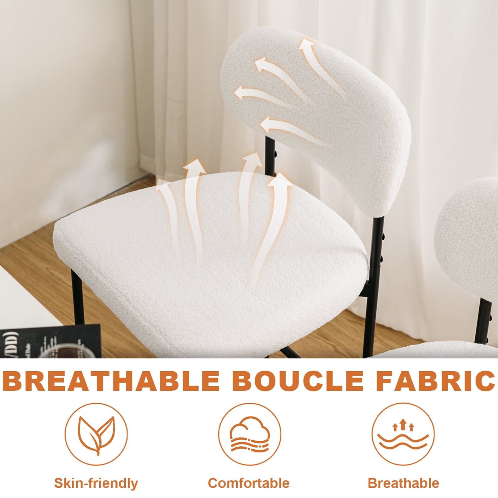 Set of 2 White Bouclé Bar Stools – 26" Counter Height with Backrest