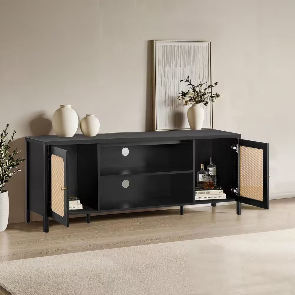 Aaron Black TV Stand Fits Tvs up to 70 In. with 2 Storage Cabinets and 2-Tier Open Shelf ,Soft-Close Hinges,Cable Ports