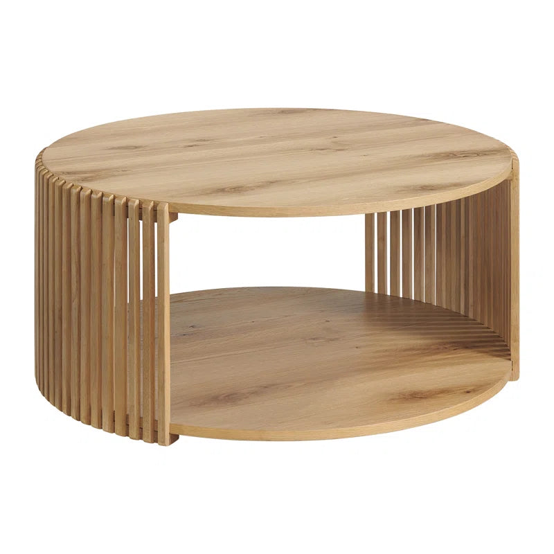 Stylish Estie Round Wood Slatted Coffee Table with Convenient Open Shelf and Hidden Wheels