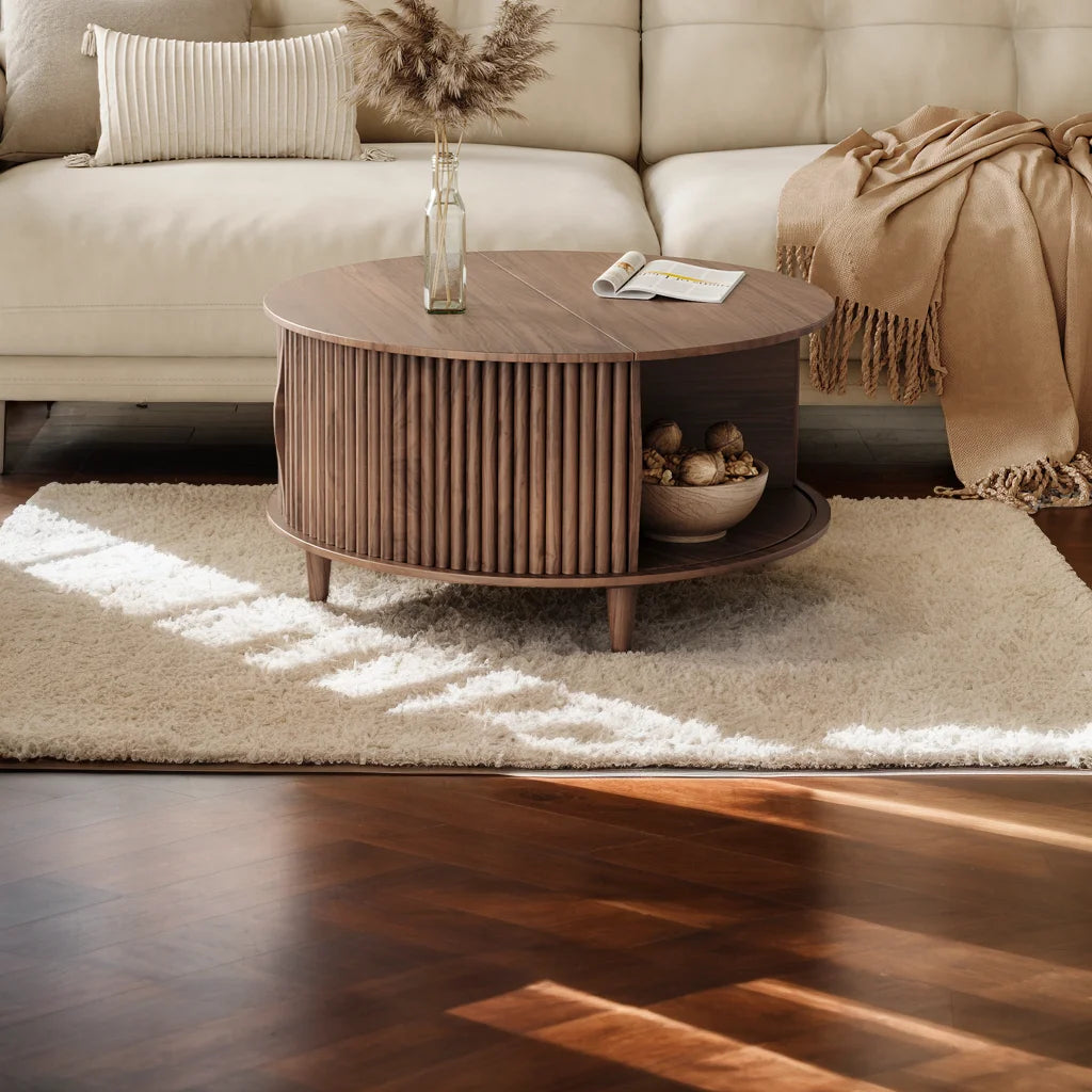 Round Walnut Coffee Table with Sliding Door Storage – Mid-Century Modern