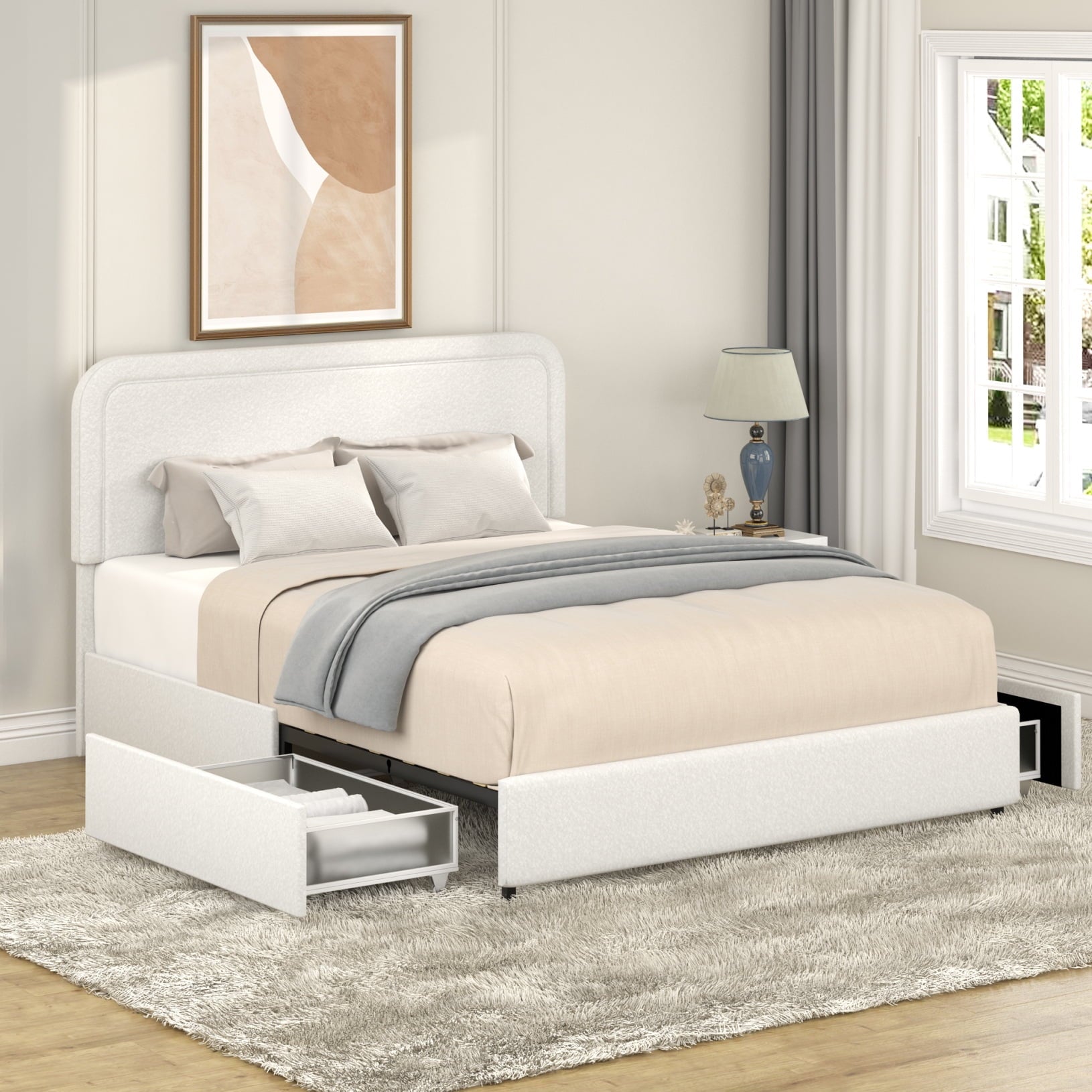 Ivory Bouclé Queen Storage Bed – Curved Tufted Headboard with 2 Drawers