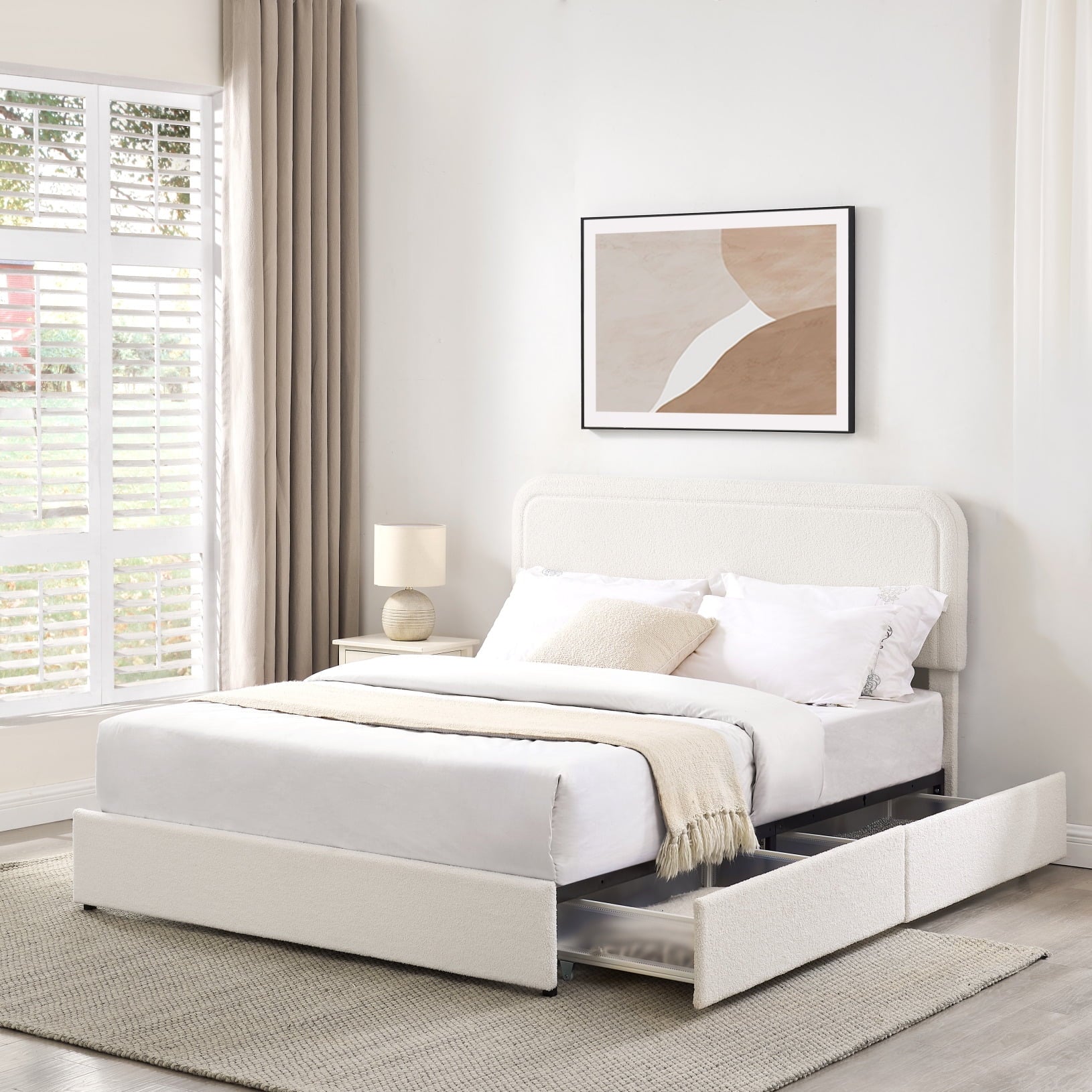 Ivory Bouclé Queen Storage Bed – Curved Tufted Headboard with 2 Drawers