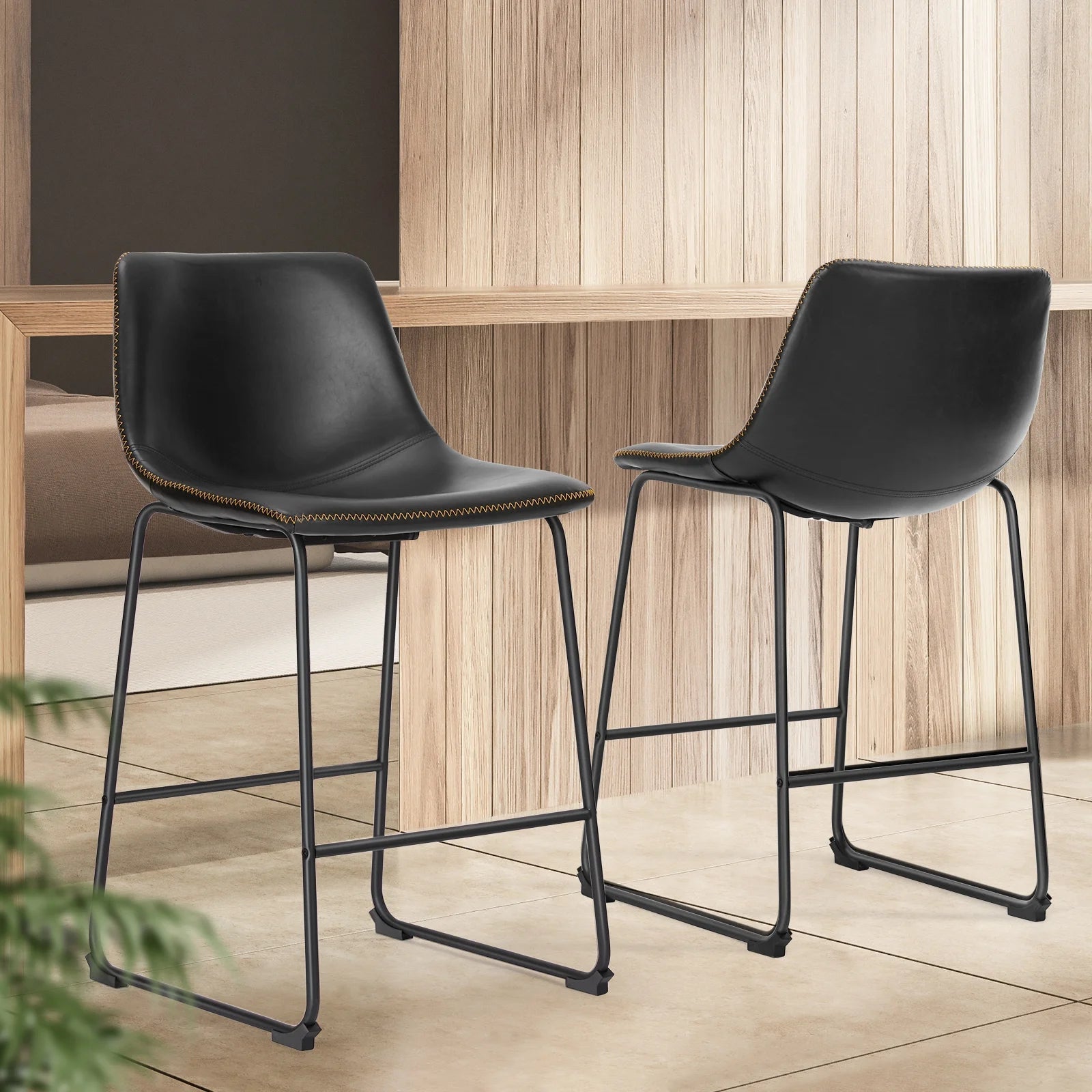 Counter Height Bar Stools with Back and Footrest, Metal Frame, 26 Inch, Black