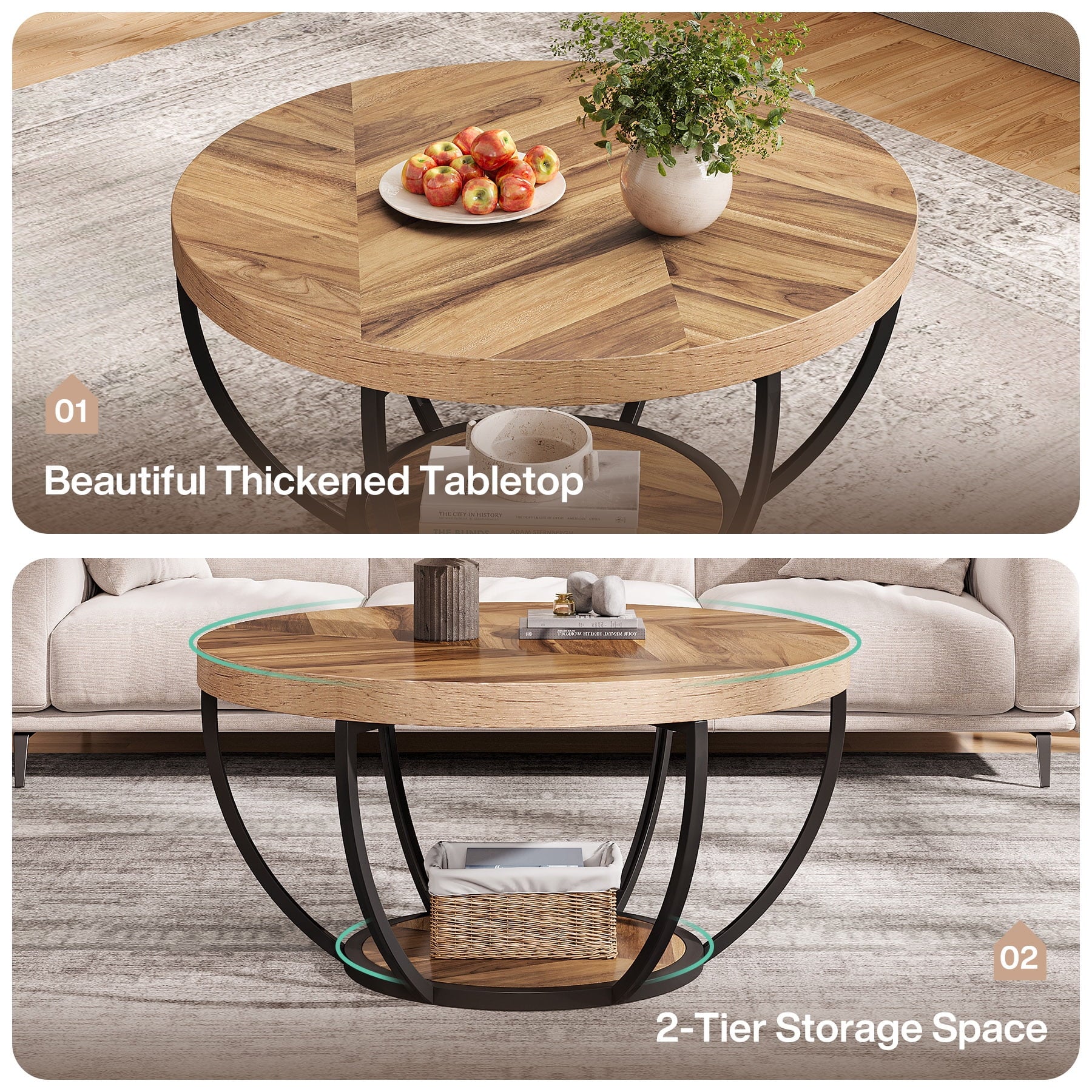 32" Round 2-Tier Coffee Table with Storage - Modern Wood & Metal