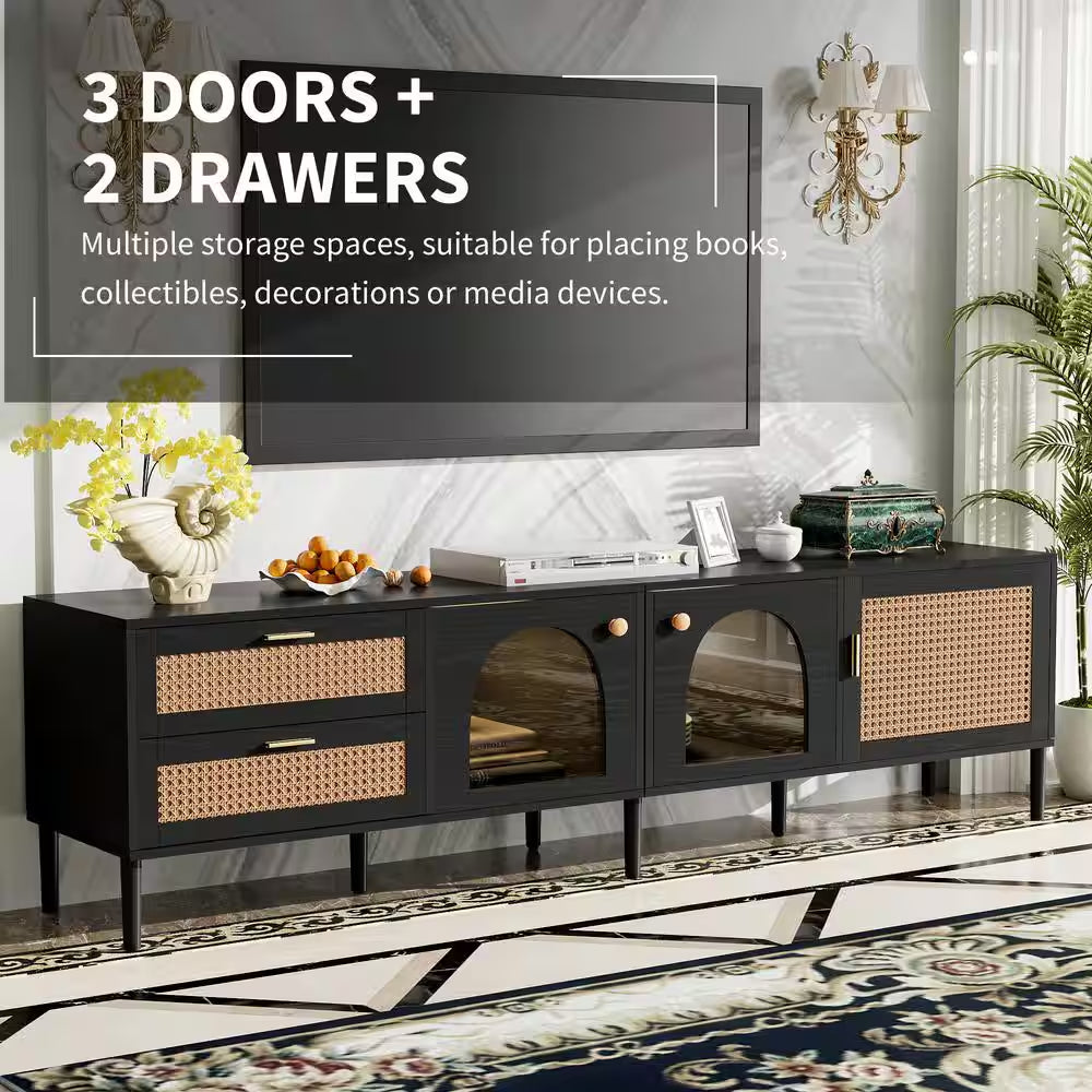 Rattan Black TV Stand Entertainment Center Fits Tv'S up to 80 In. with 2 Drawers, 3 Cabinets and LED Light