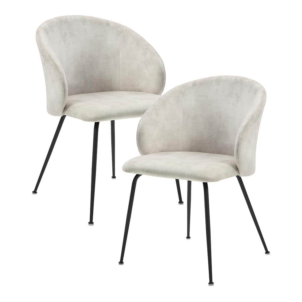 Beige Velvet Fabric Upholstered Dining Chair, Set of 2 with Metal Legs