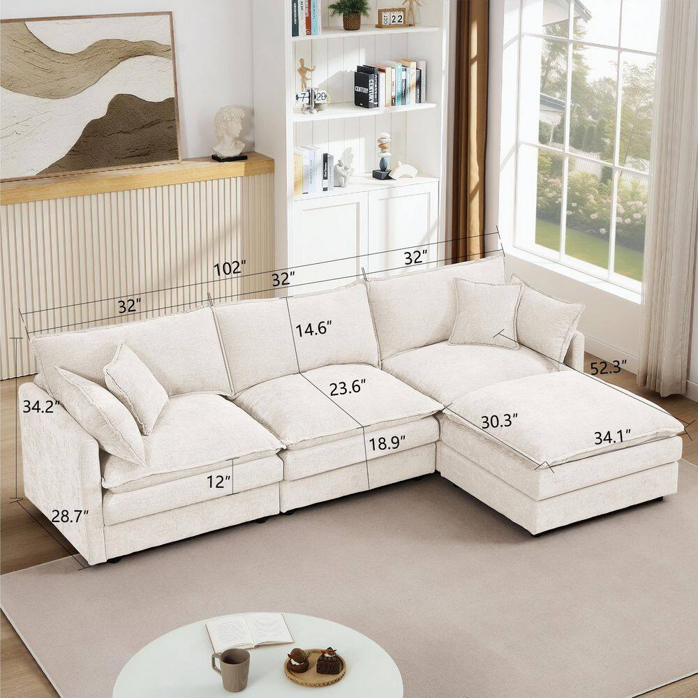 Modern 102 In. Upholstered Chenille L-Shaped Modular Sectional Sofa in Beige with Ottoman, Pillows, DIY