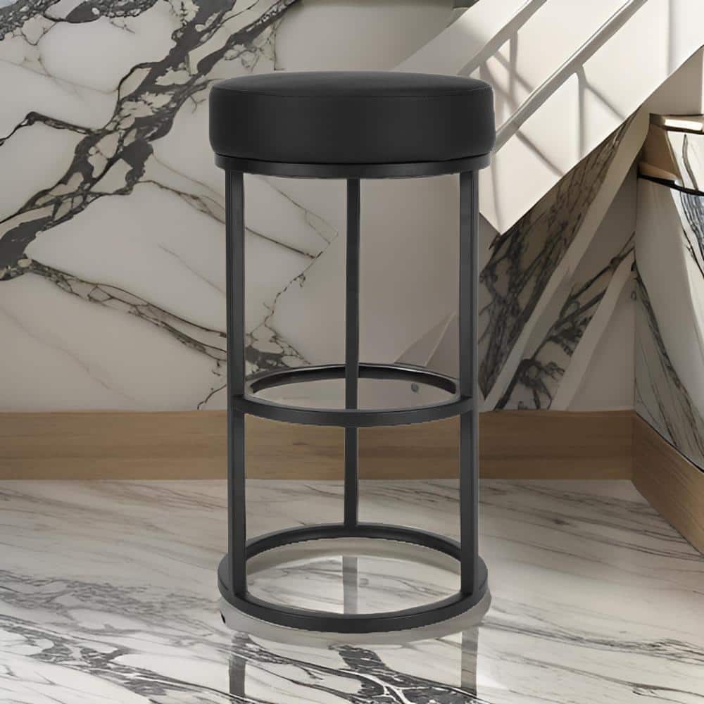 Hommeco 30" Black Backless Metal Frame Bar Stool - with Faux Leather Seat