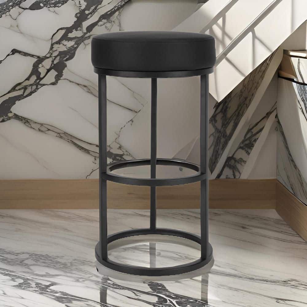 Hommeco 30" Black Backless Metal Frame Bar Stool - with Faux Leather Seat