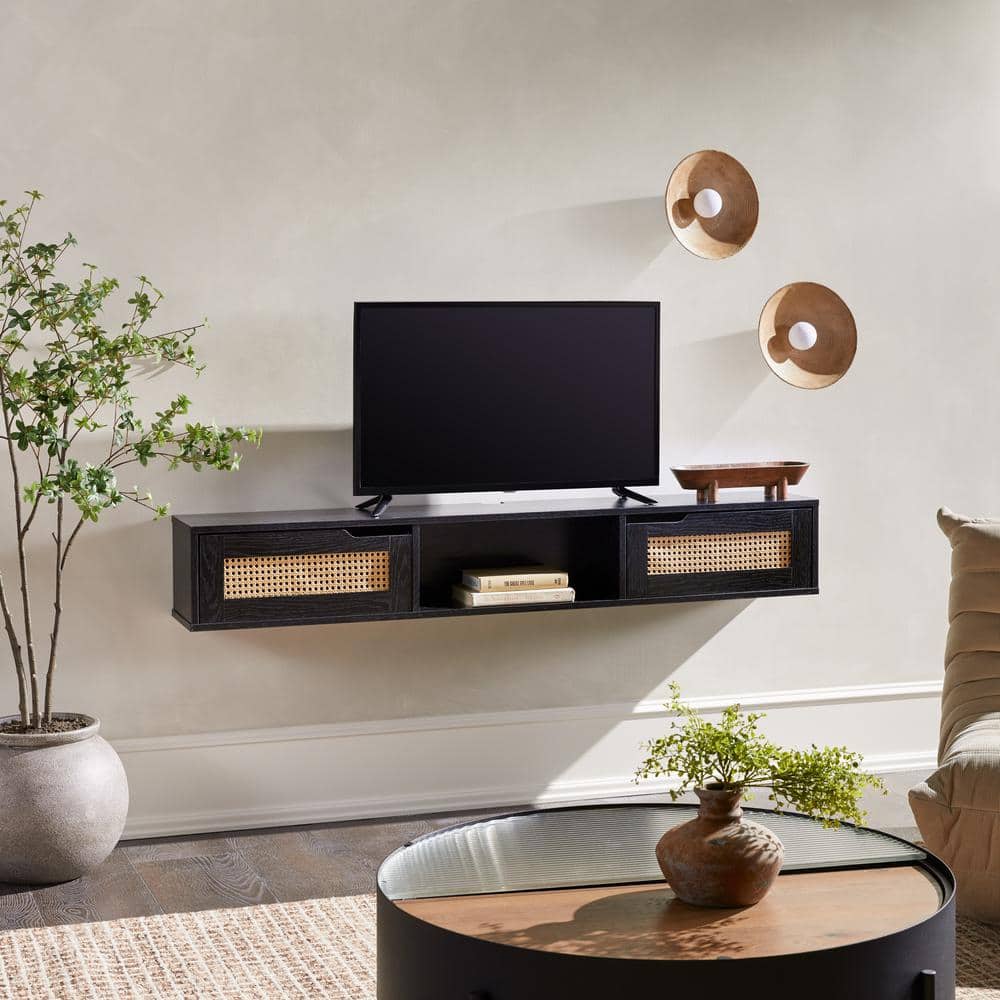 Black MDF Modern Wall Mounted TV Wall Cabinet