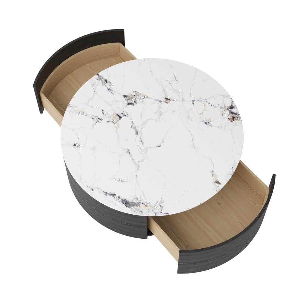 Black round Marble Top Coffee Table with Storage 33"