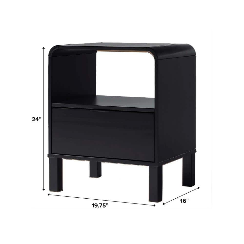 Black Solid Wood Modern Rounded 19 In. W Nightstand