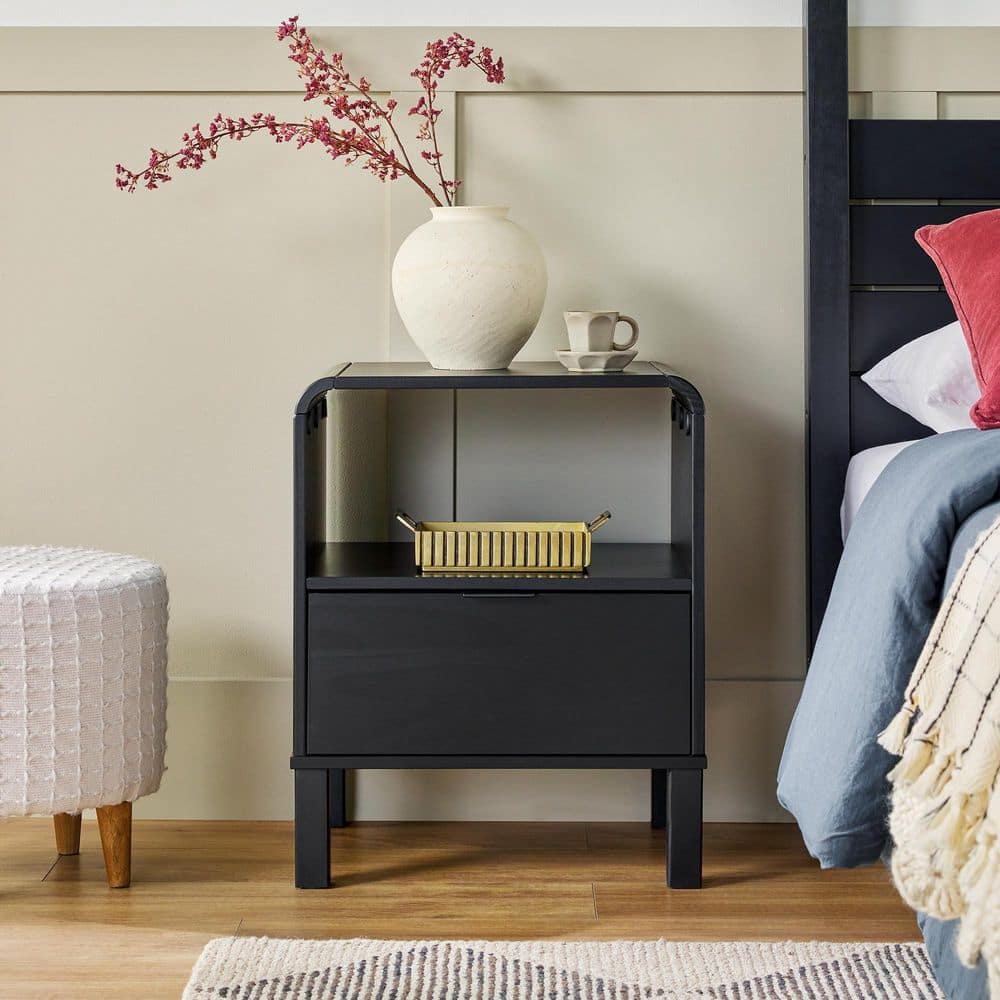 Black Solid Wood Modern Rounded 19 In. W Nightstand