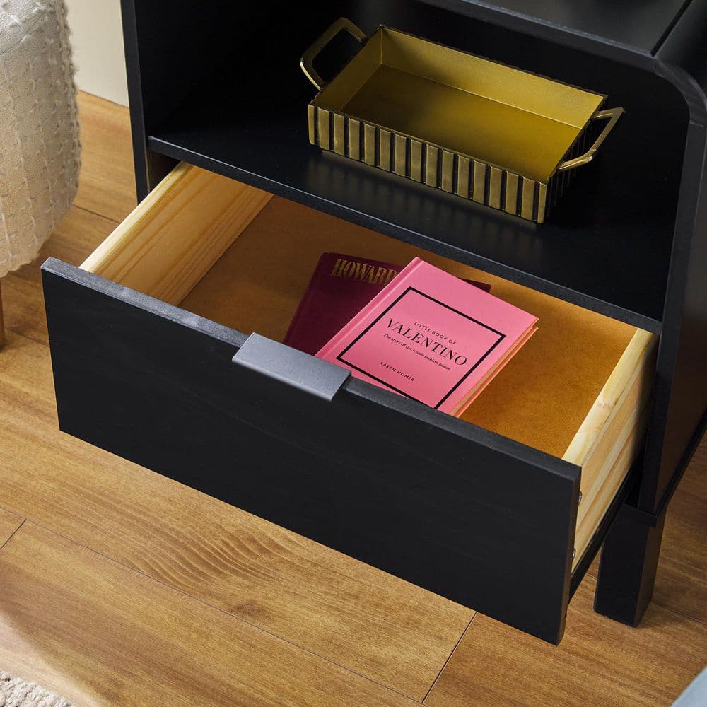 Black Solid Wood Modern Rounded 19 In. W Nightstand