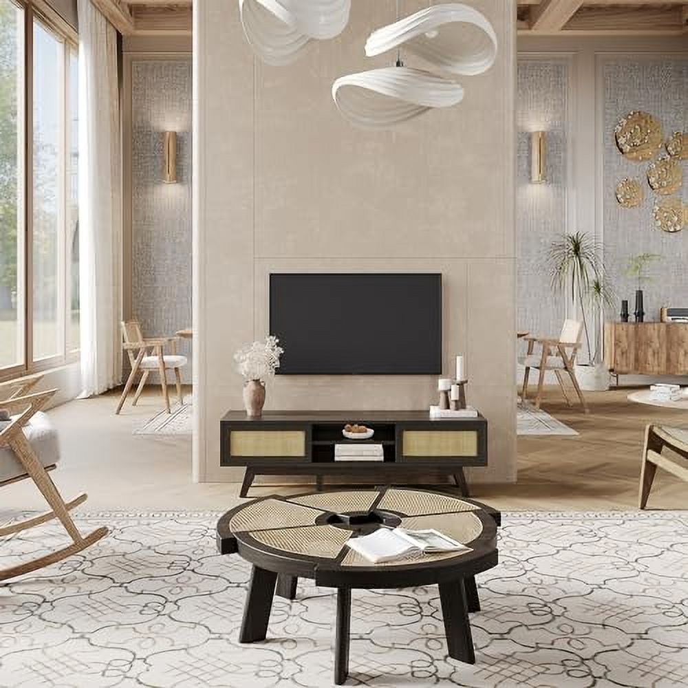 Black Rattan TV Stand for 65" TV - Boho Mid Century Modern Media Console with Sliding Doors