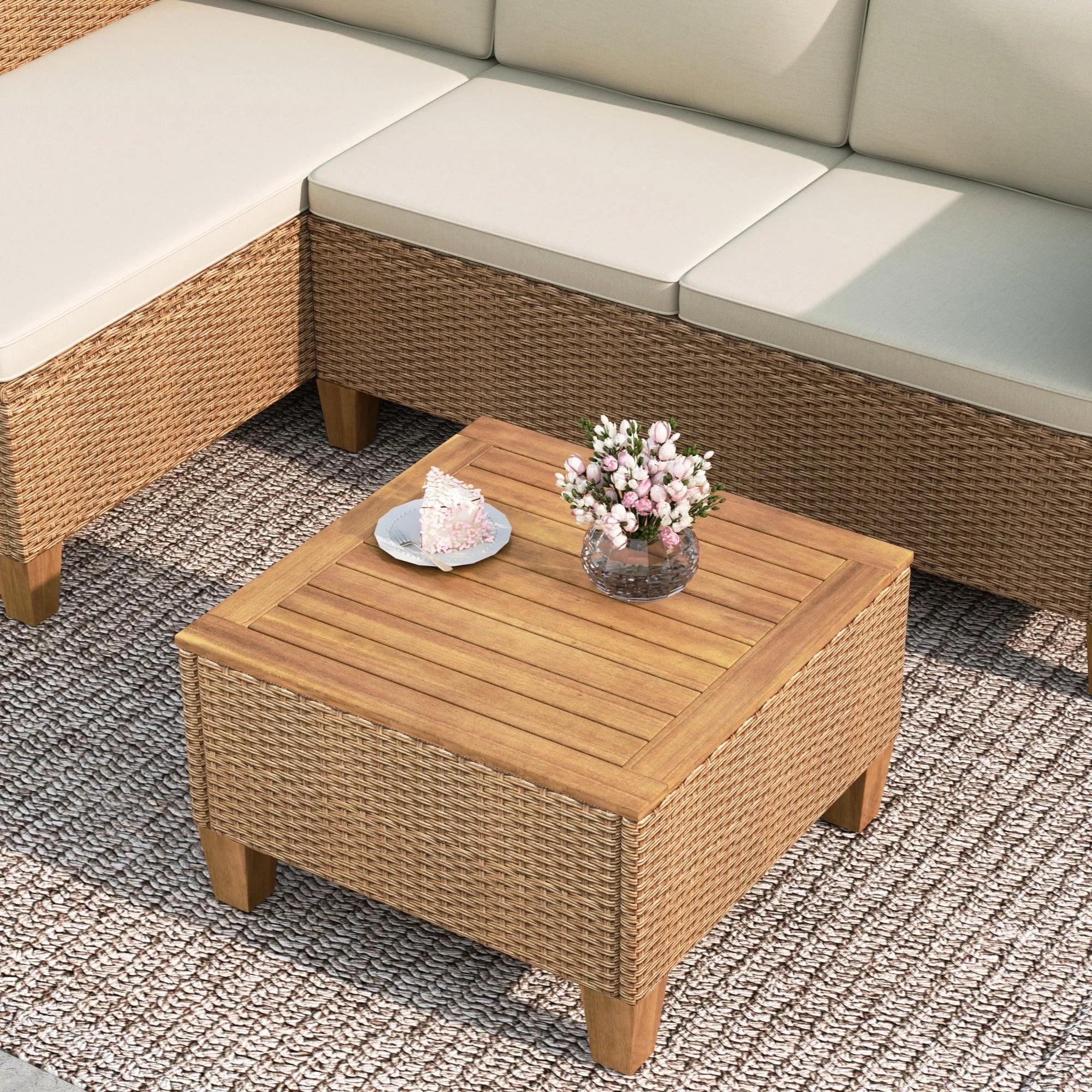 3-Piece Patio Furniture Conversation Set, Weather-Resistant Wicker Outdoor Sectional Sofa Set with Table & Cushions, Small Balcony & Porch Friendly