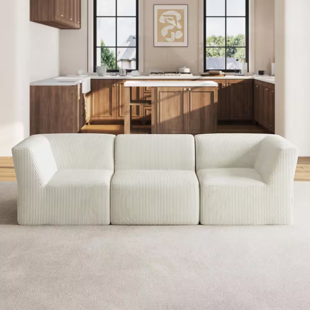 106.15 In. Modern Square Arm Corduroy Upholstered Rectangle 3-Seater Sofa in Beige