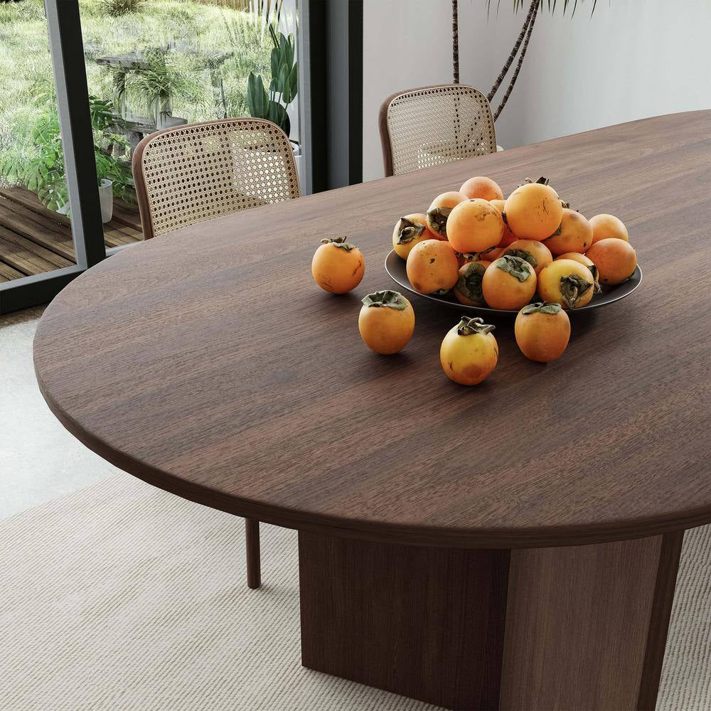 Brix Modern Oval Walnut Wood Top 79 In. Double Pedestal Base Dining Table Seats 8