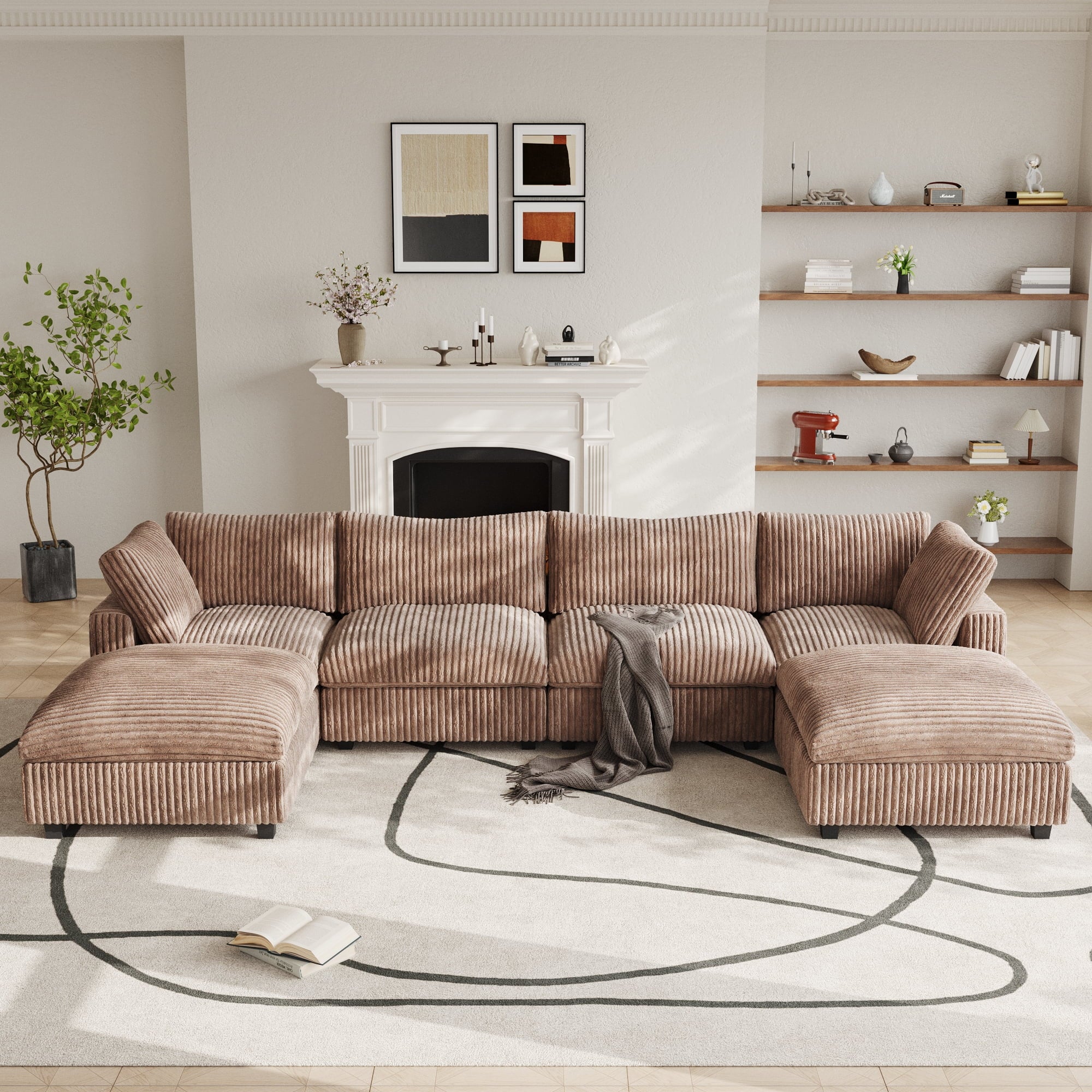 4-Seat Brown Plush Cloud Sofa | Deep Seat Modular U-Shape