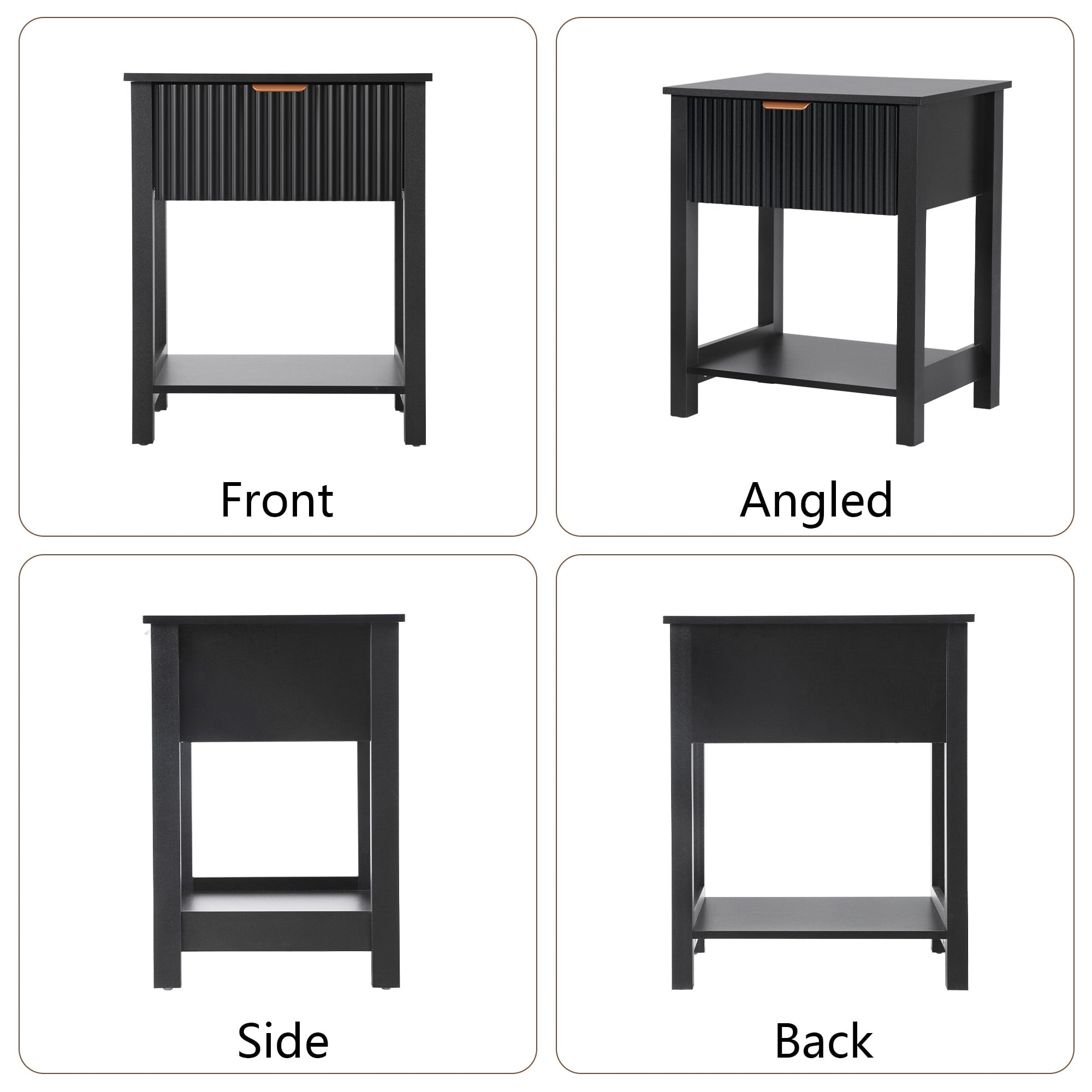 Fluted Nightstand for Bedroom, Wood Bedside Table with Drawers, Black