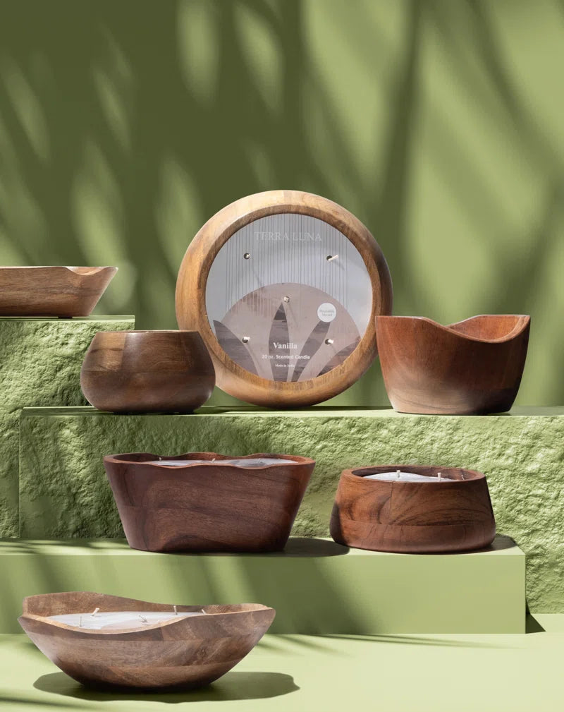 Jeimi Vanilla Wood Bowl Candle, Natural, Wood