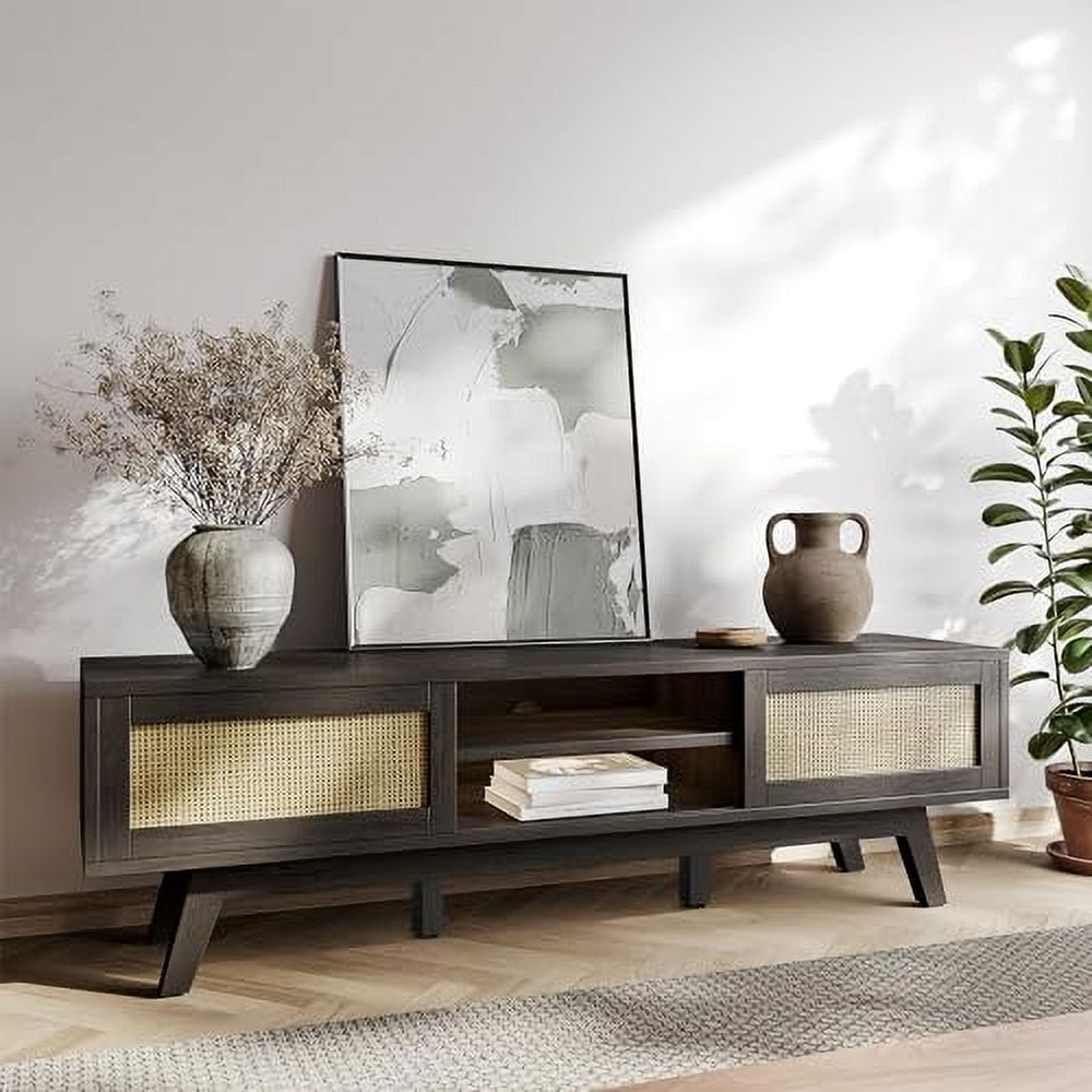 Black Rattan TV Stand for 65" TV - Boho Mid Century Modern Media Console with Sliding Doors