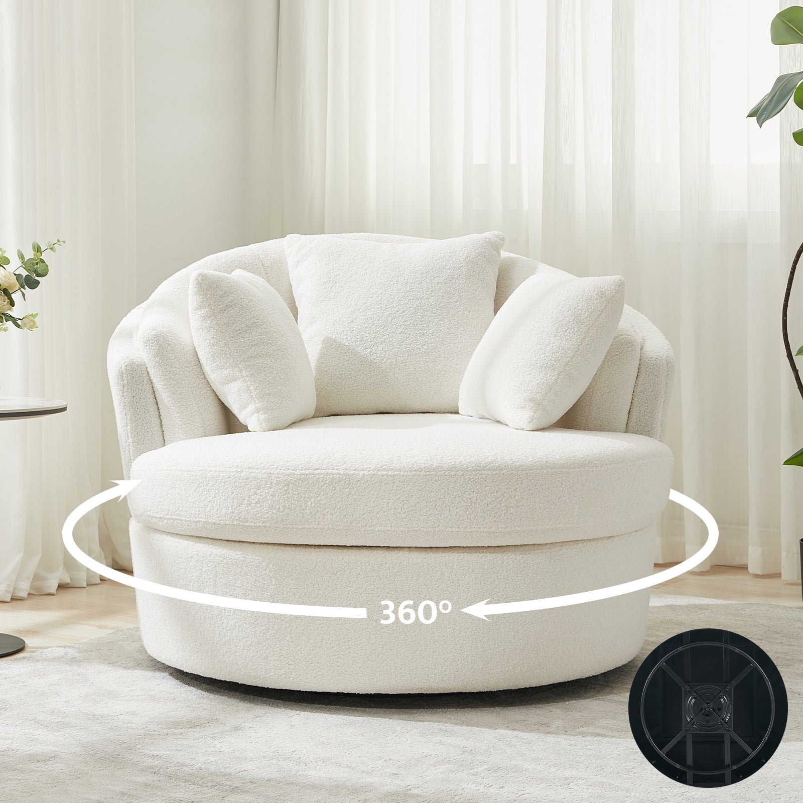 Oversized White Swivel Accent Chair - Modern Lambswool Barrel Chair for Bedroom & Living Room