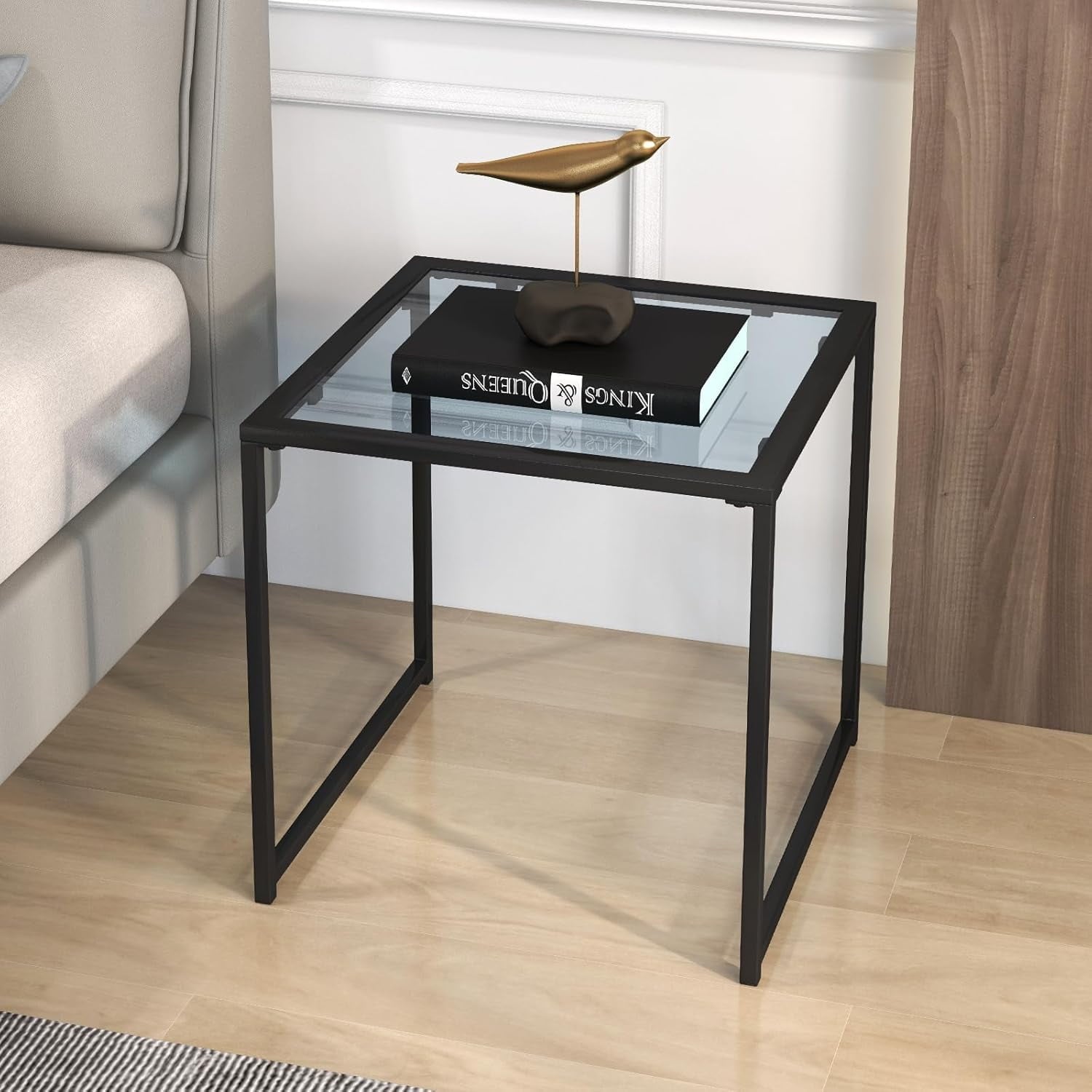 17" Square Patio Side Table - Modern Minimalist Metal End Table with Tempered Glass