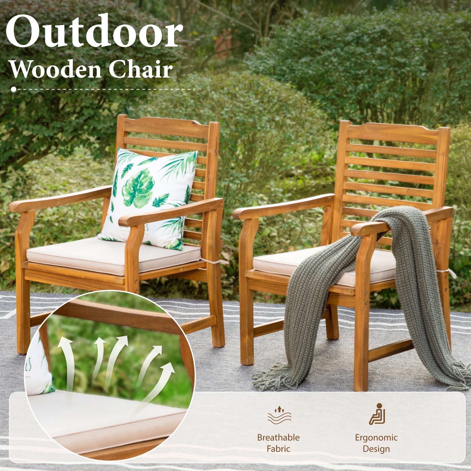 7-Piece Acacia Wood Outdoor Patio Dining Set with 6 Wooden Chairs with Cushions & 1 Expandable Wooden Dining Table for 6-8 Person