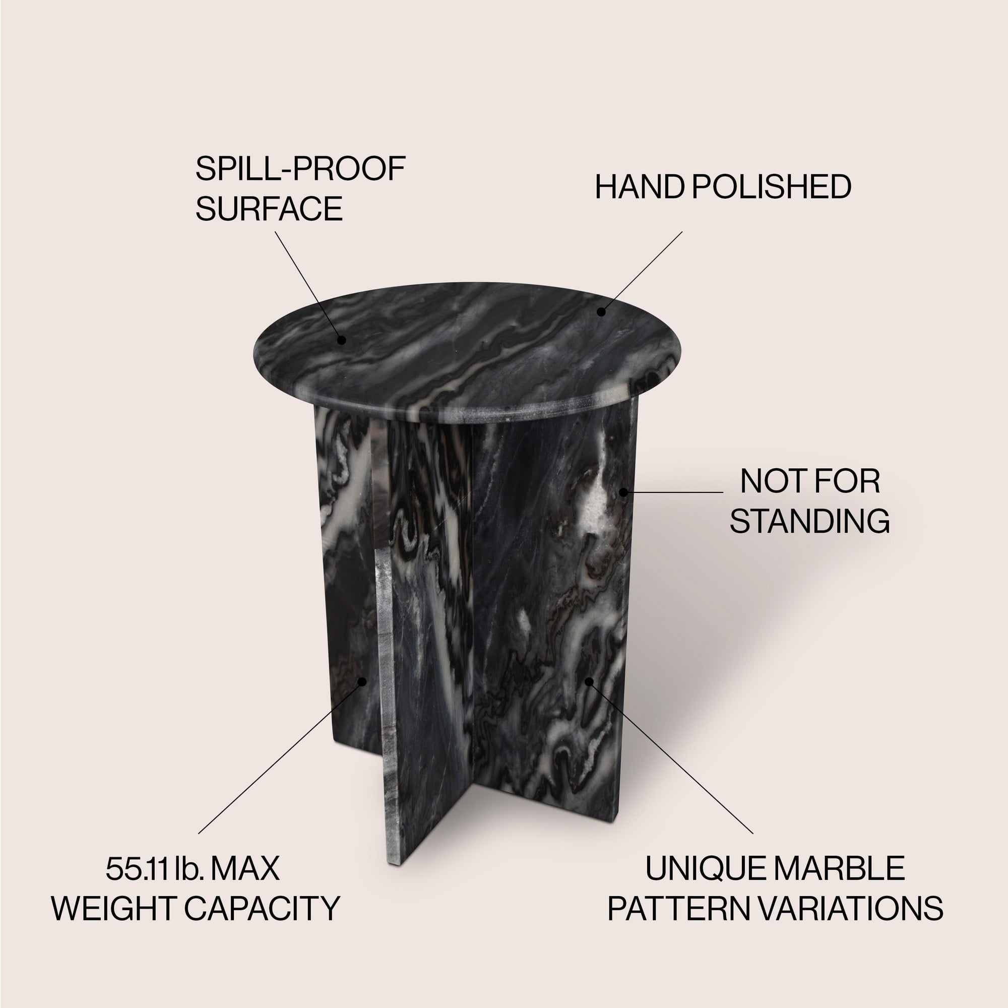 Hommeco 17.75" Contemporary Natural Marble X-Shaped End Table - Handmade Black & Gray
