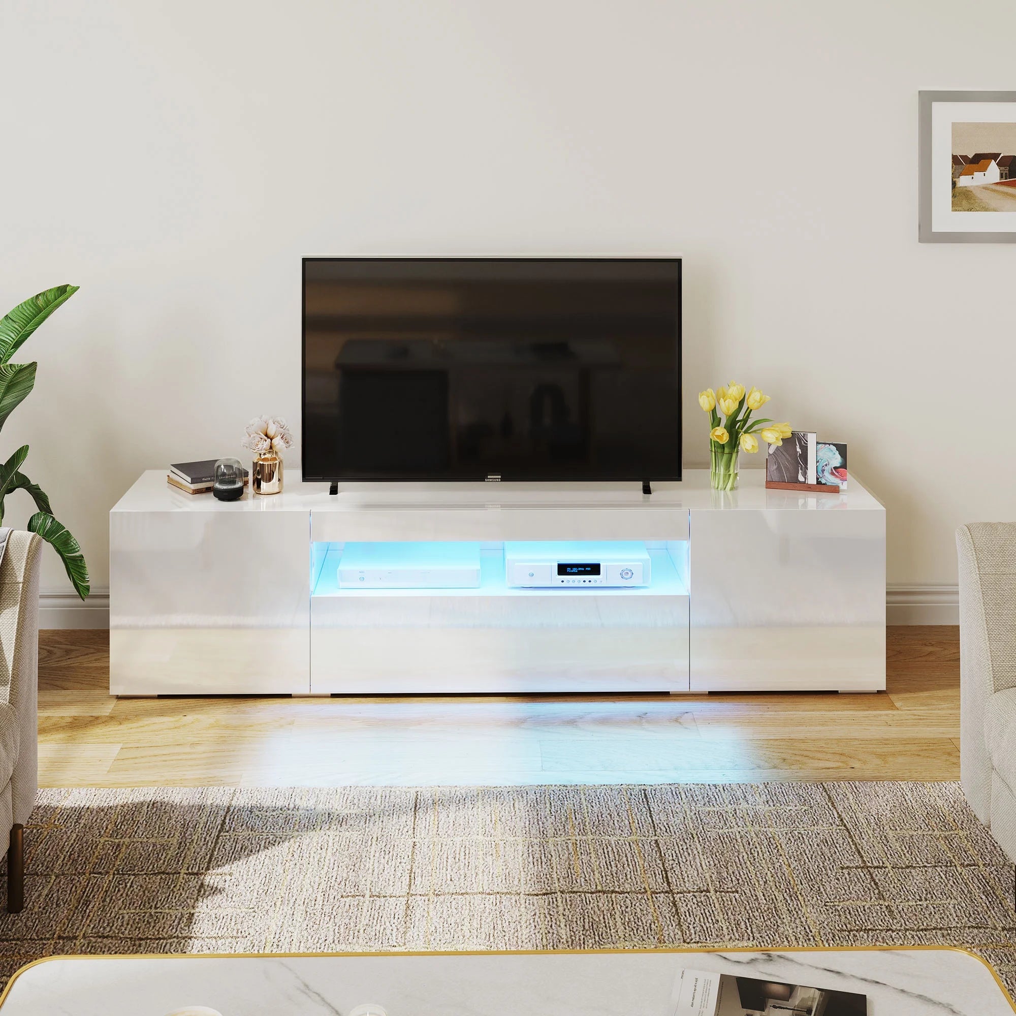 Large LED TV Stand for 75 Inch Tvs White High Glossy Media Center with 2 Cabinets and 1 Drawer for Living Room, 70"