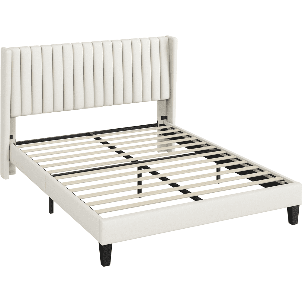 Hommeco Ivory Upholstered Wingback Queen Platform Bed