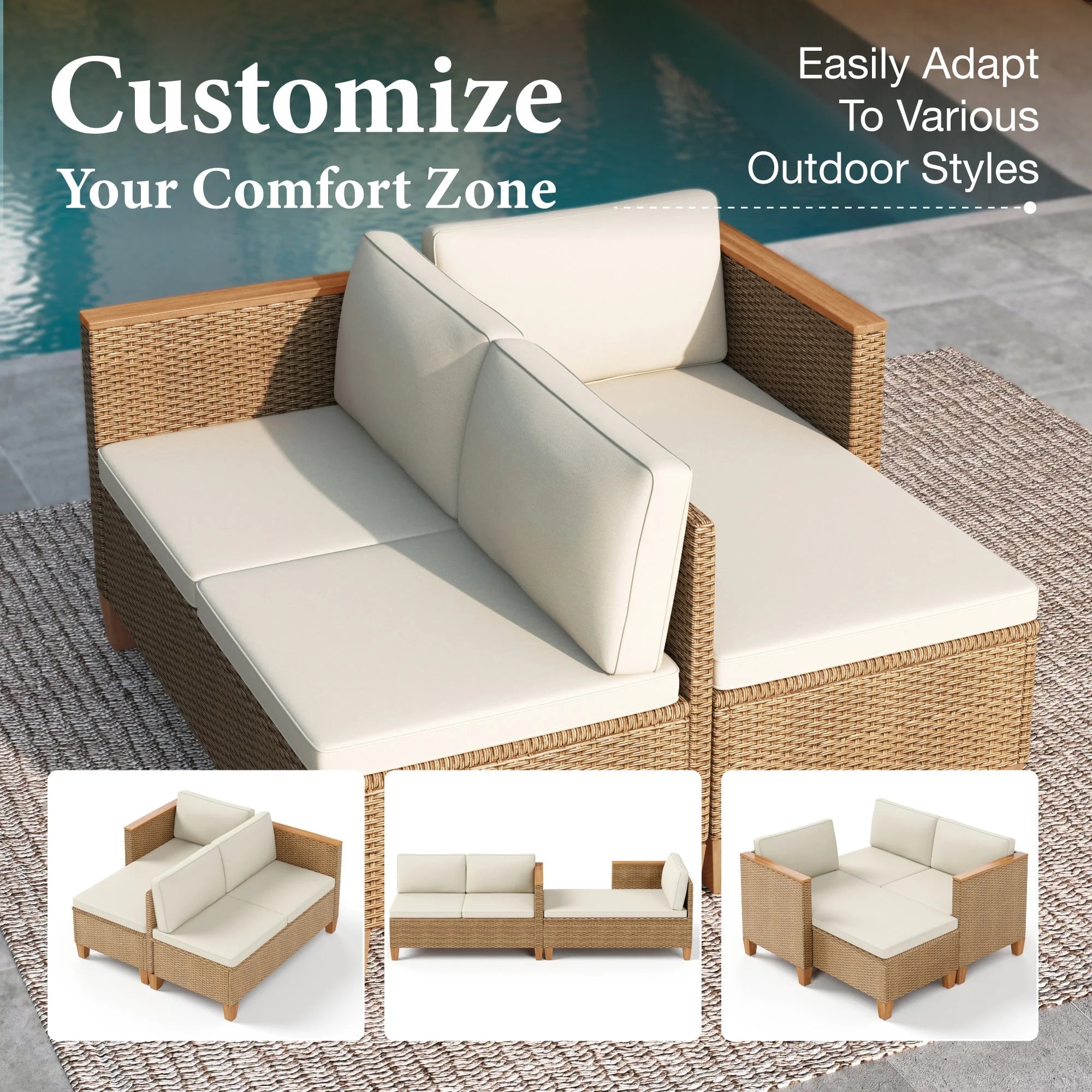 3-Piece Patio Furniture Conversation Set, Weather-Resistant Wicker Outdoor Sectional Sofa Set with Table & Cushions, Small Balcony & Porch Friendly