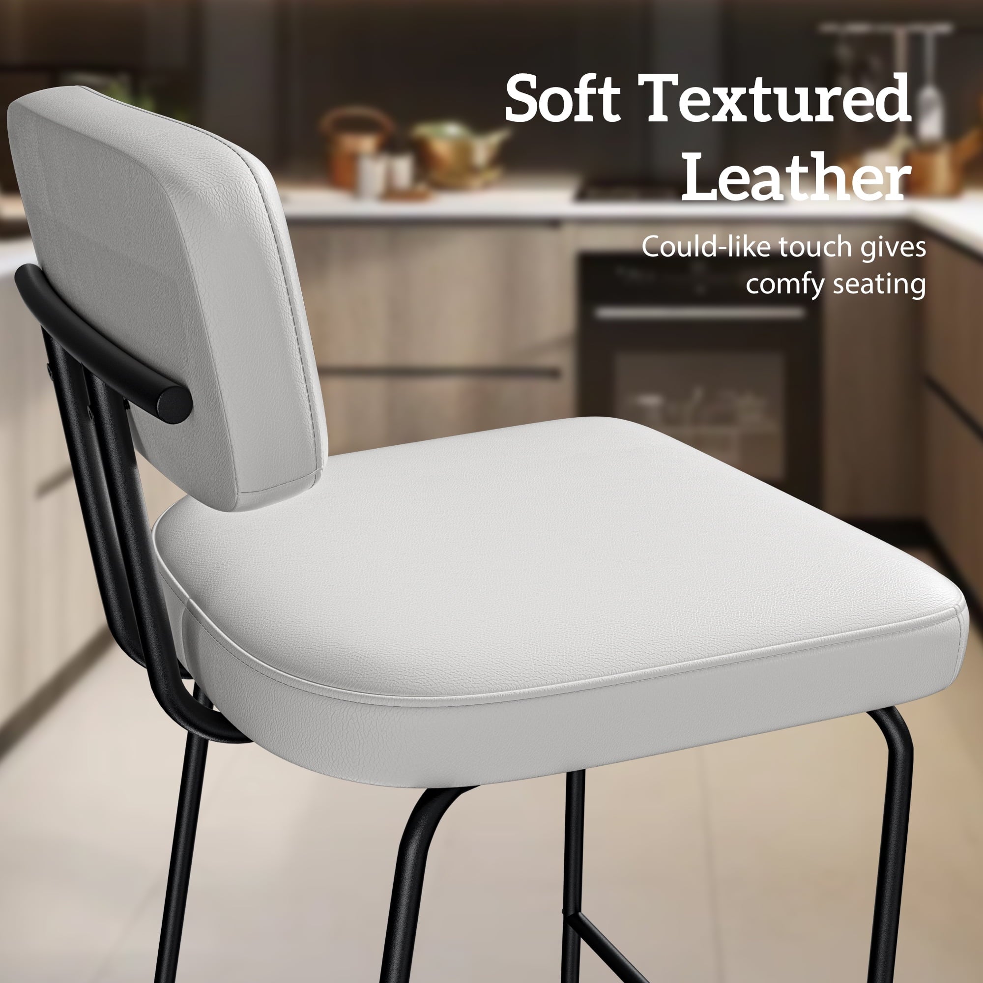 Set of 2 White PU Leather Bar Stools – 26" Counter Height with Back