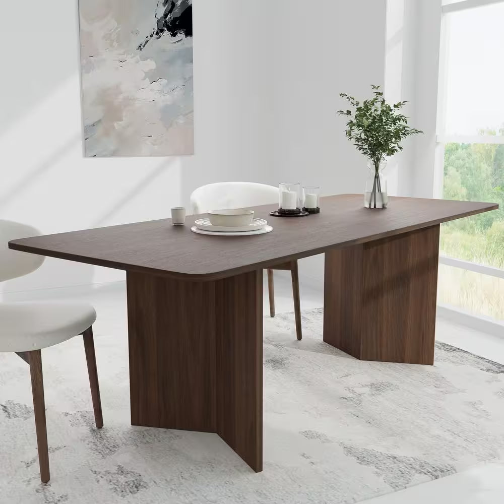 Brix Modern Rectangle Walnut Wood Top 79 In. Double Pedestal Base Dining Table Seats 8