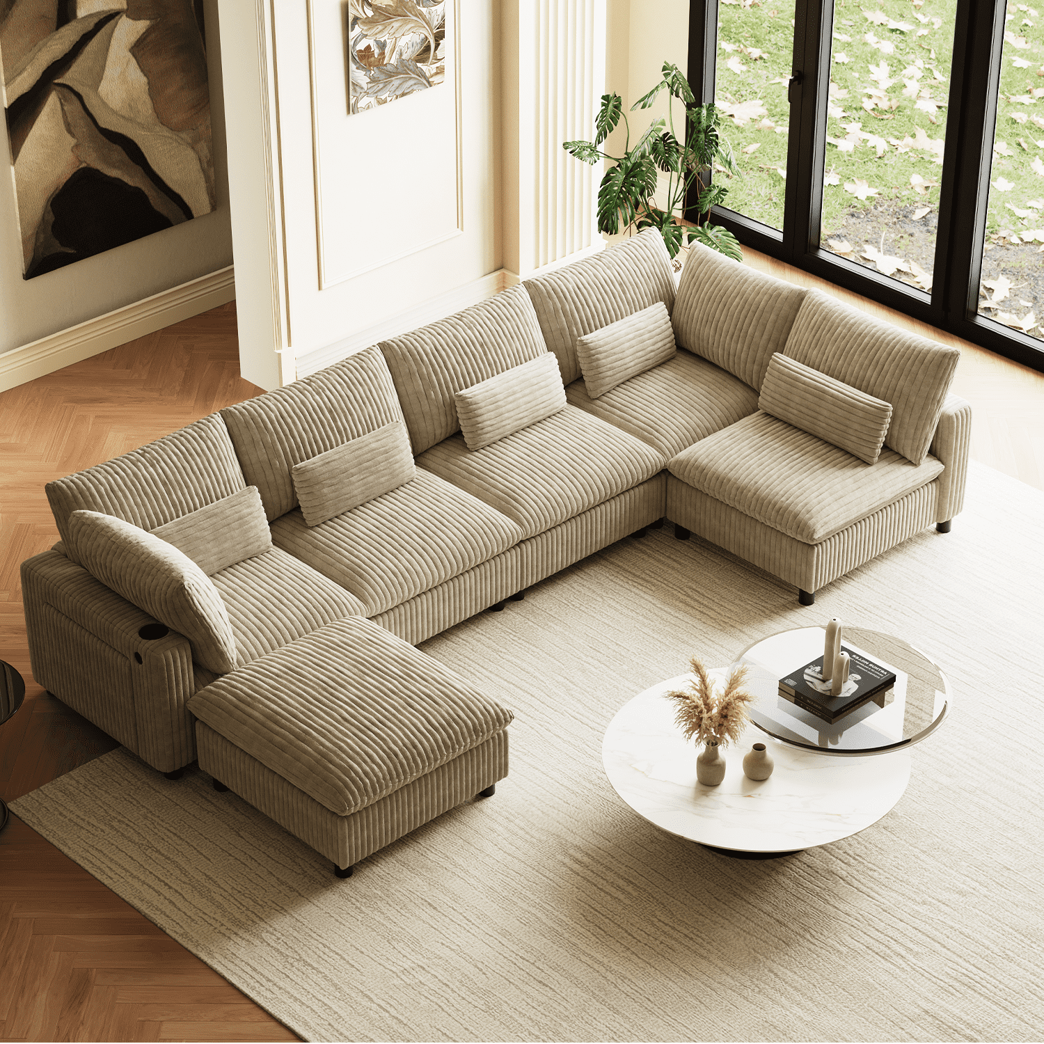 130" Oversized U-Shape Cloud Couch - 6-Seat Corduroy Modular Sectional with USB & Storage