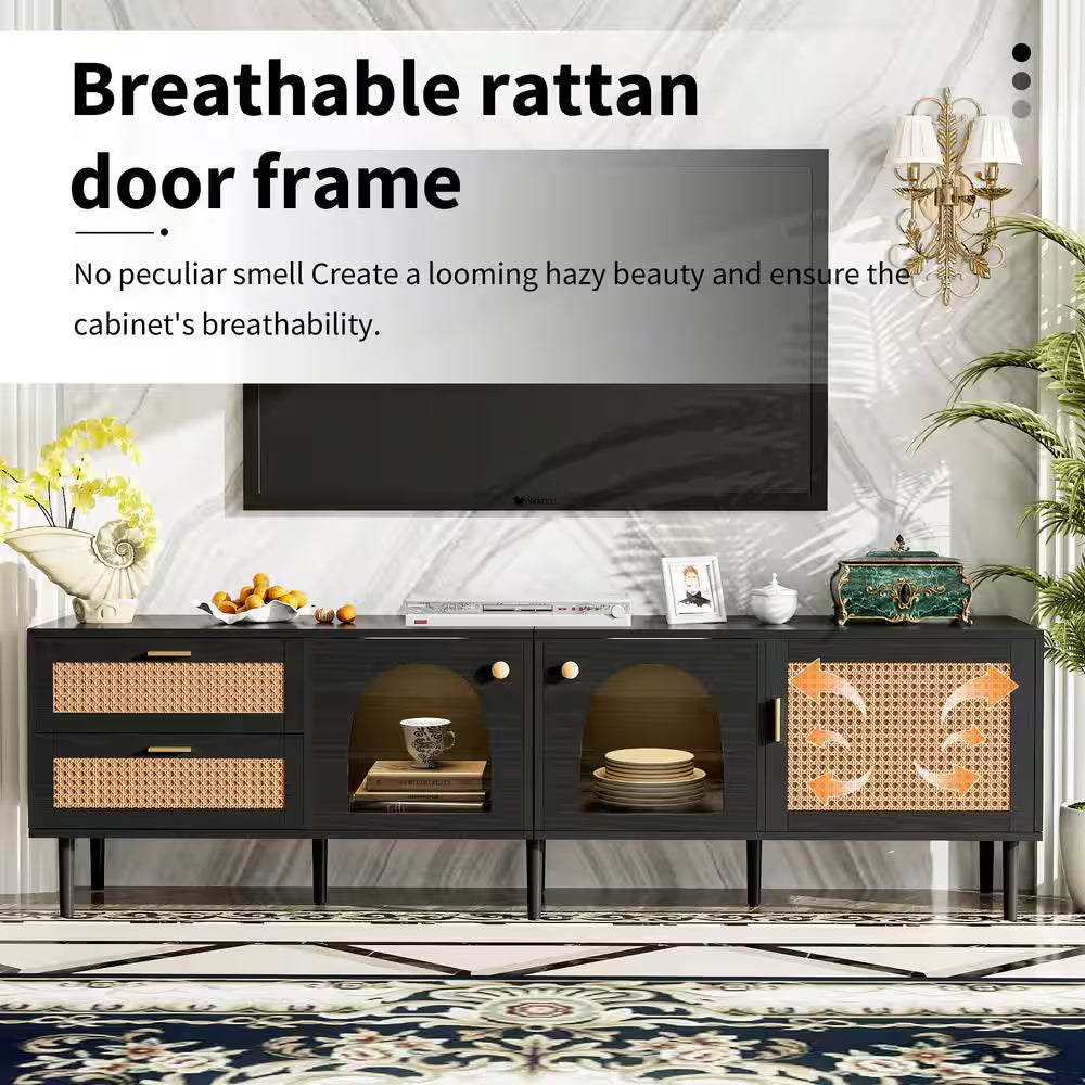 Rattan Black TV Stand Entertainment Center Fits Tv'S up to 80 In. with 2 Drawers, 3 Cabinets and LED Light