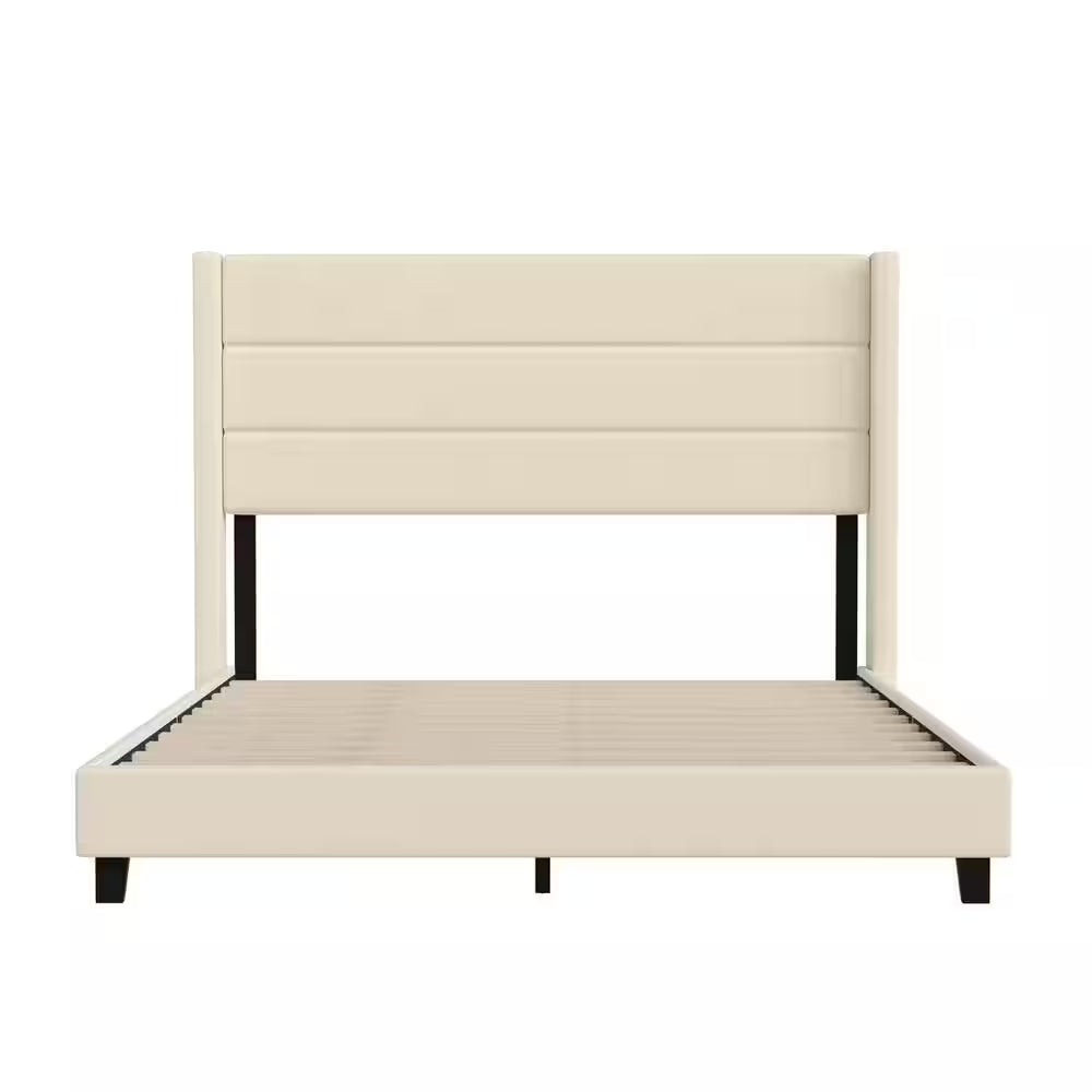 Beige Wood Frame Queen Platform Bed
