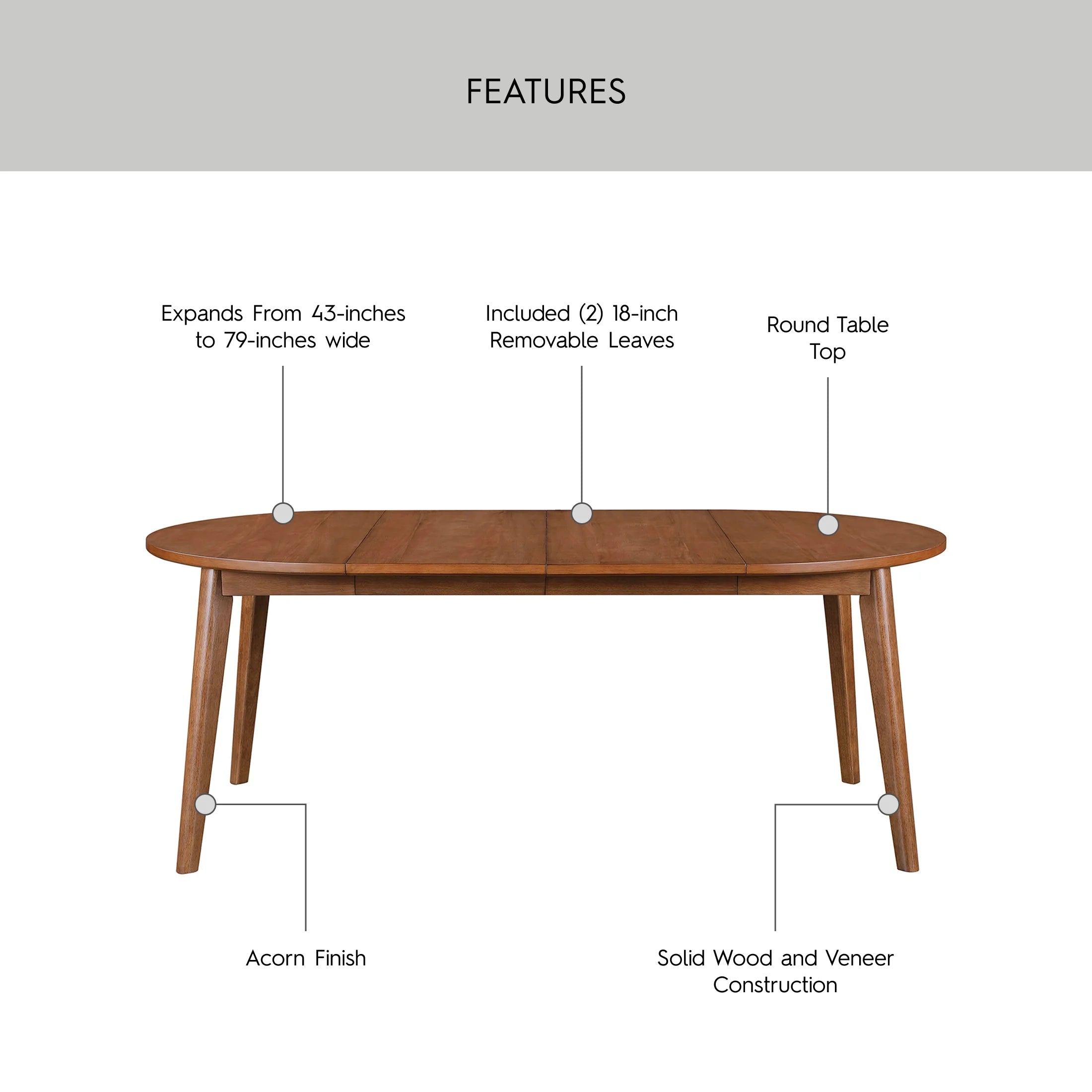 Mid-Century Extendable Dining Table, Solid Wood and Veneer, Acorn Finish