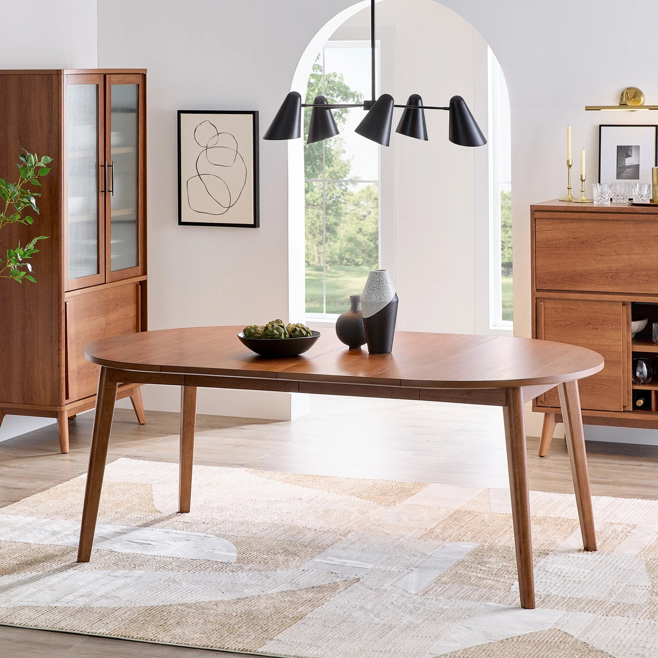 Mid-Century Extendable Dining Table, Solid Wood and Veneer, Acorn Finish