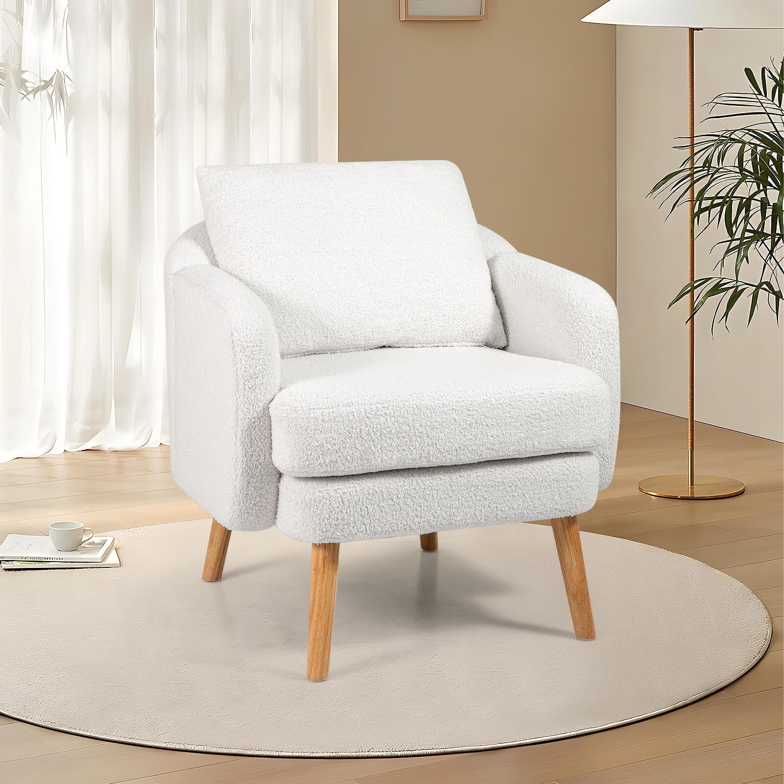 Sherpa Accent Chair W/ Seat Cushion & Pillow Rubber Wood Legs for Bedroom for Daily Life