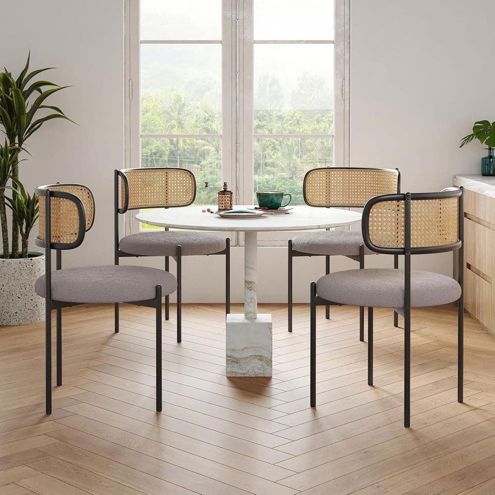 Light Gray Upholstered Dining Chair with Rattan Back (Set of 2)