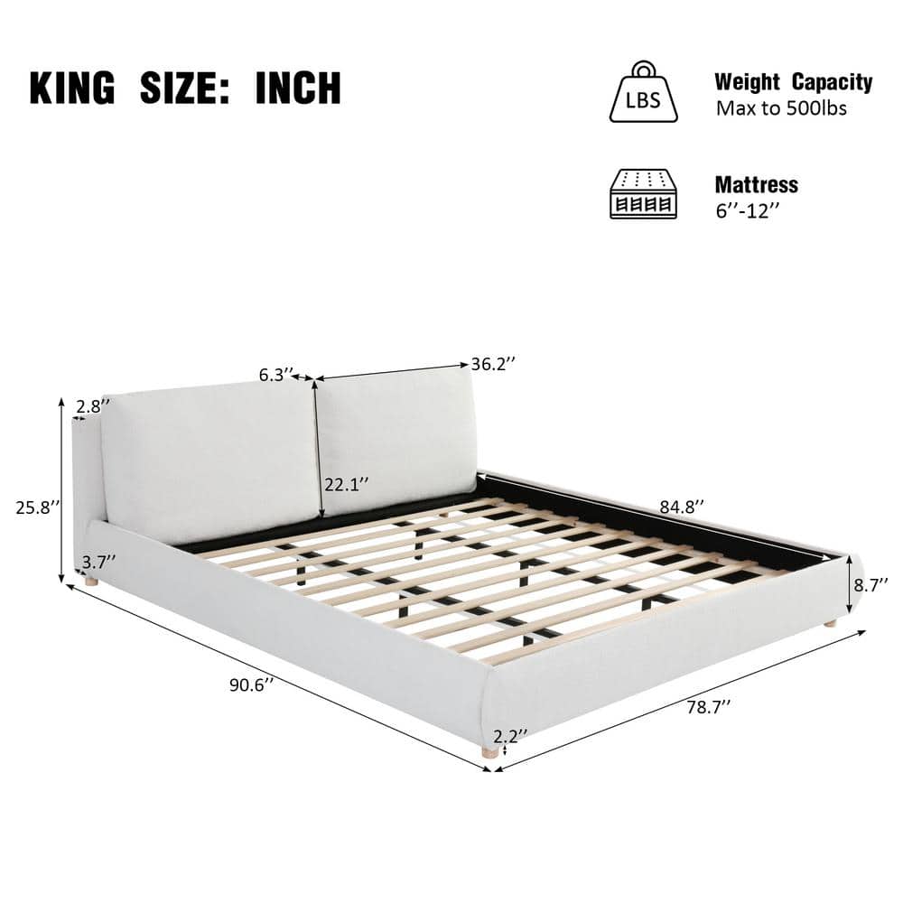 Linden White Boucle Fabric Upholstered Wood Frame King Size Platform Bed with Removable Pillow Headboard