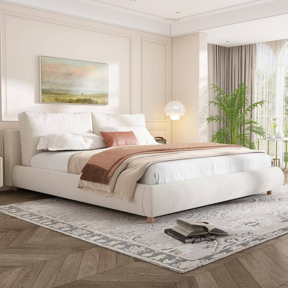 Linden White Boucle Fabric Upholstered Wood Frame King Size Platform Bed with Removable Pillow Headboard