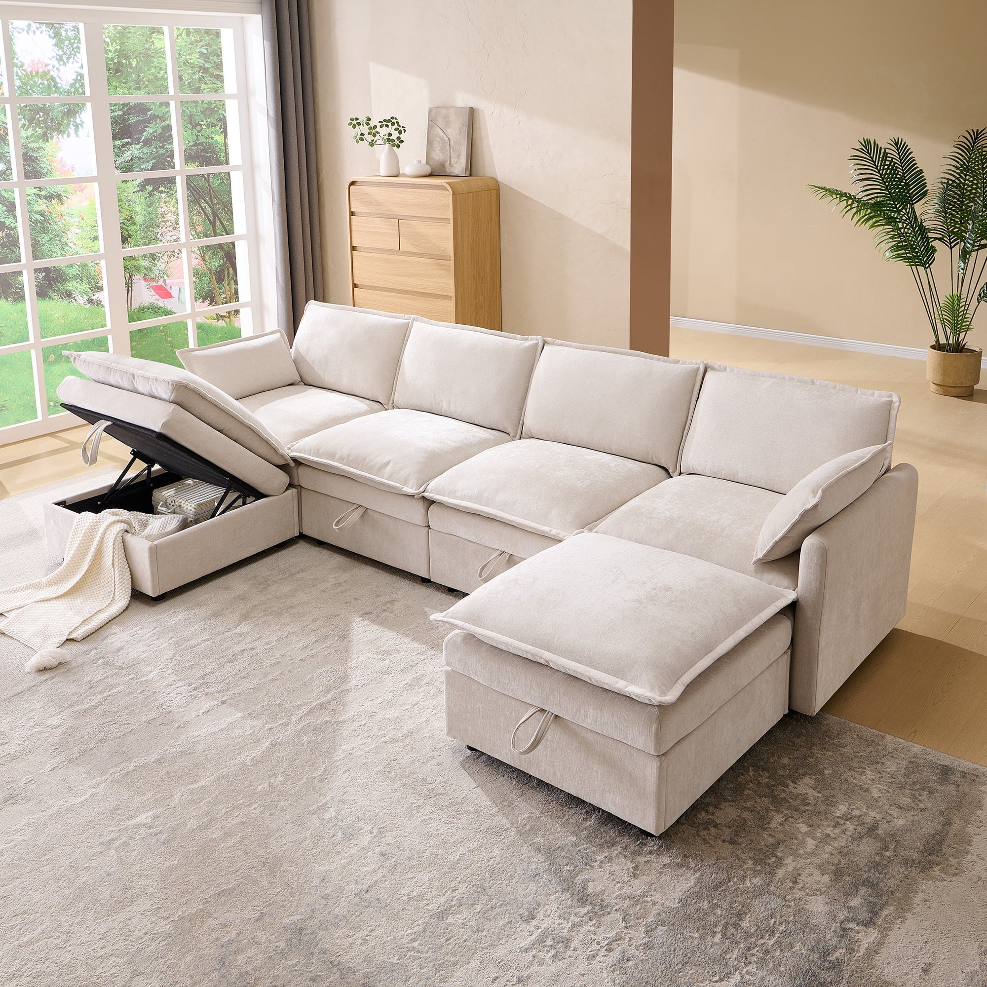 Modern U-Shaped Sectional Cloud Sofa | Chenille Fabric 4-Seat Couch with Storage & 2 Ottomans