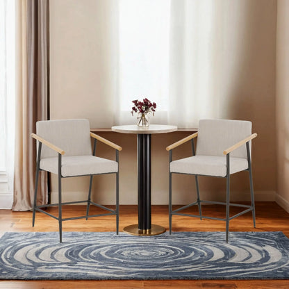 Beige Cushion, Counter Height Stools, Metal Frame, Wood Armrests, Set of 2