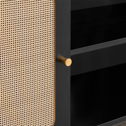 Aaron Black TV Stand Fits Tvs up to 70 In. with 2 Storage Cabinets and 2-Tier Open Shelf ,Soft-Close Hinges,Cable Ports