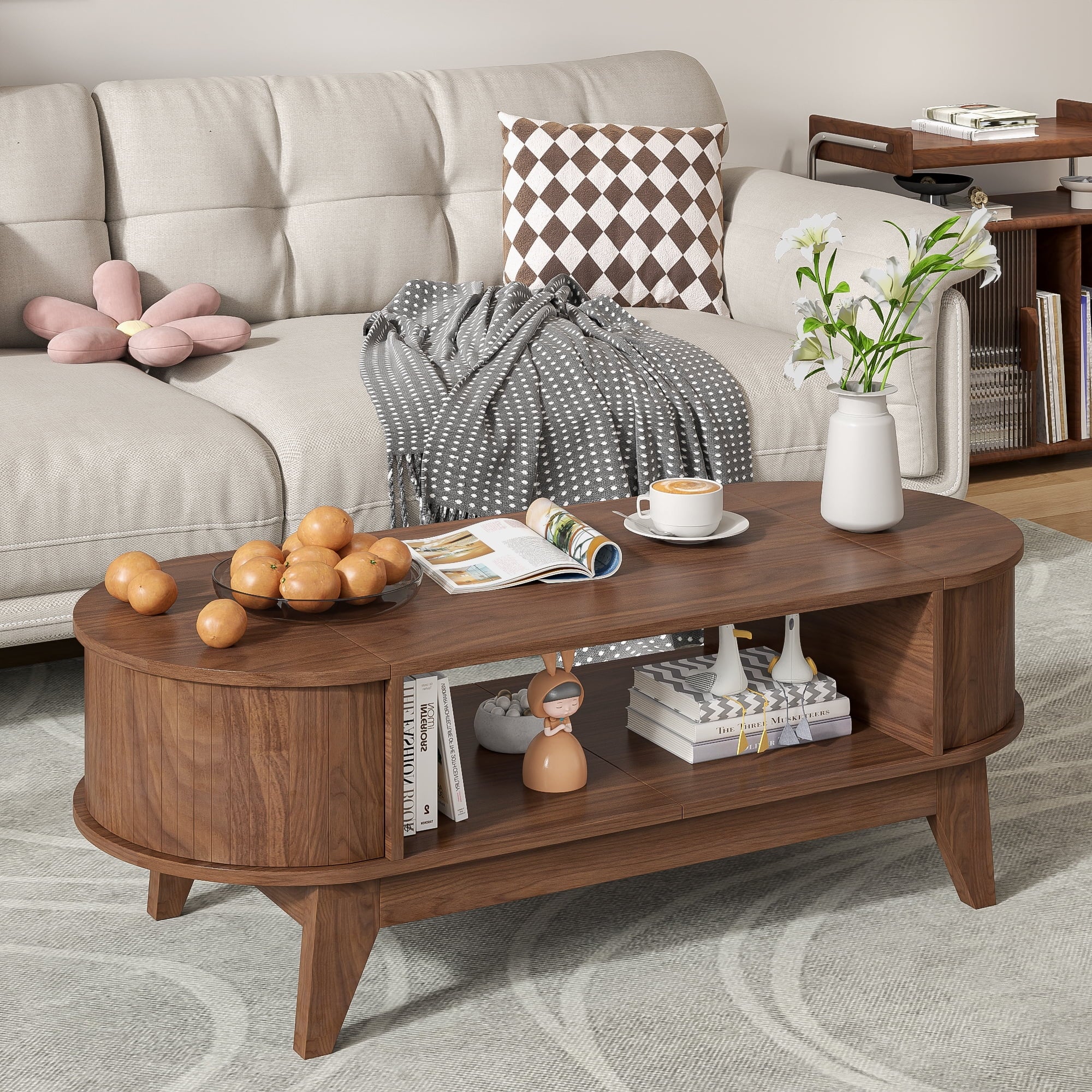 Fluted Coffee Table with Storage, Modern Coffee Tables, Wood Accent Center Table