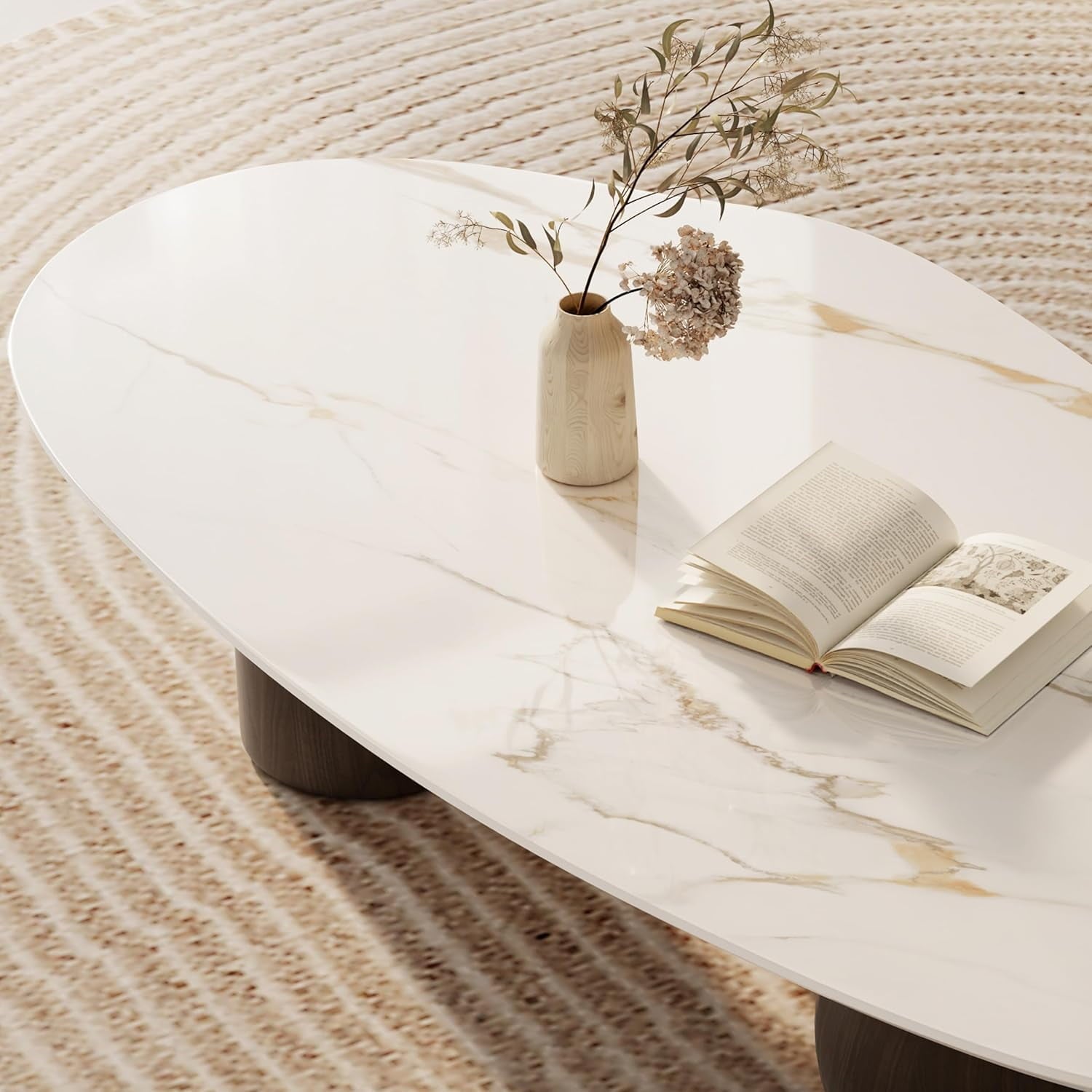 Oval Coffee Table for Living Room, Modern Coffee Table with Sintered Stone Top 54.33" 