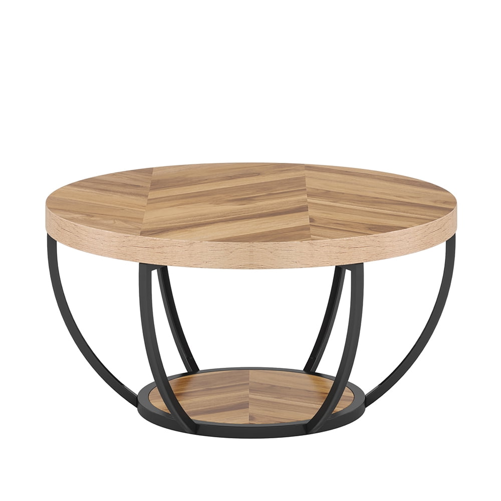 Hommeco 2-Tier Round Natural Wood Coffee Table - Small Modern Design with Storage